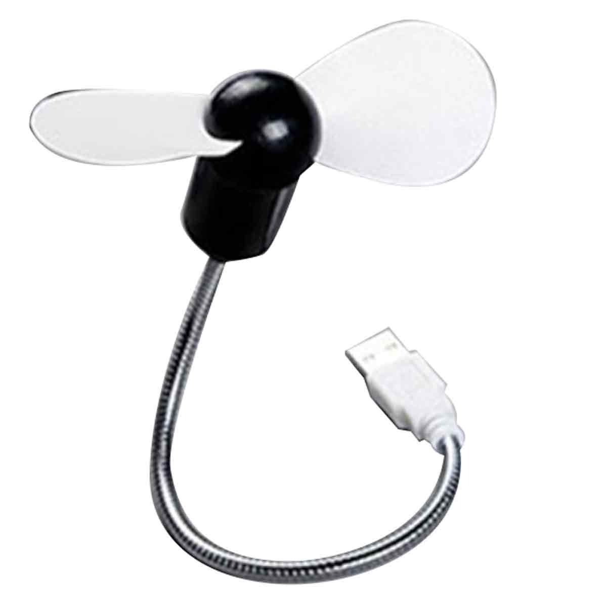 Ein kleiner, flexibler USB-Ventilator mit weißen Rotorblättern und schwarzem Gehäuse.