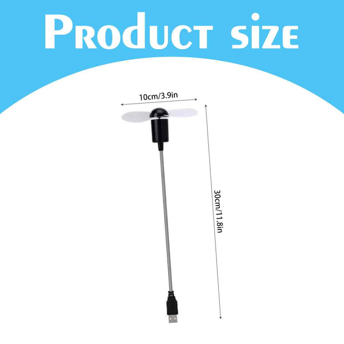 Ein kleiner USB-Ventilator mit 10 cm Breite und 30 cm Höhe.