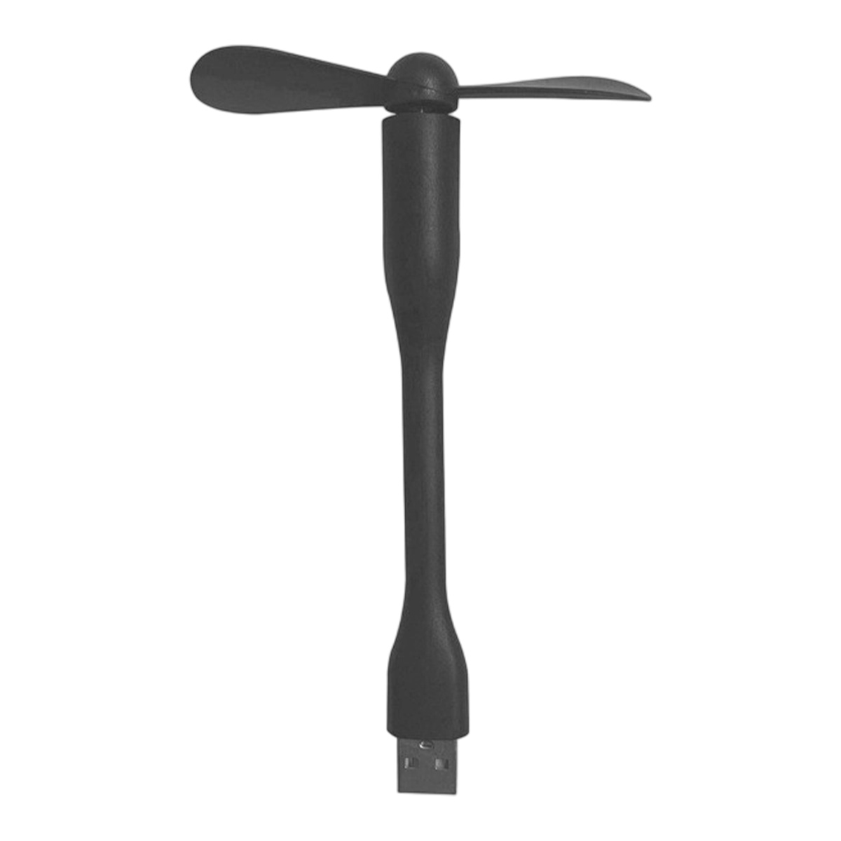 Ein schwarzer Mini-USB-Ventilator mit flexiblem Hals und zwei Rotorblättern.