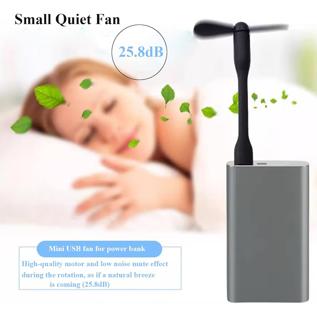 Ein kleiner USB-Ventilator mit geringer Lautstärke, der auf einer Powerbank sitzt, während eine Person schläft.