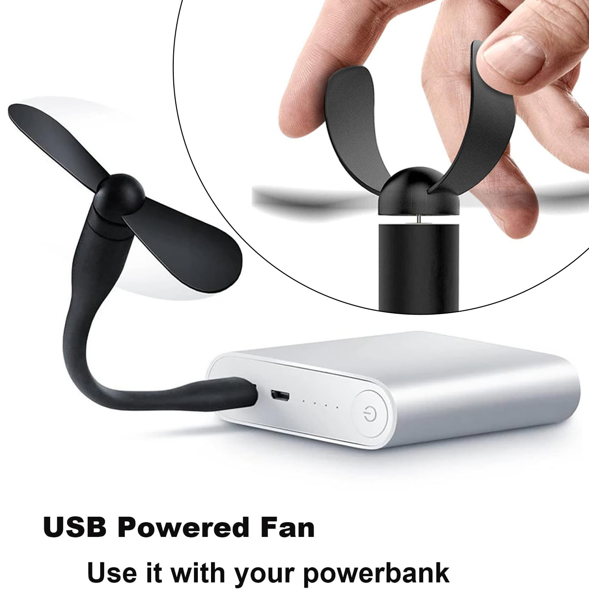 Ein kleiner schwarzer USB-Ventilator, der an eine silberne Powerbank angeschlossen ist.