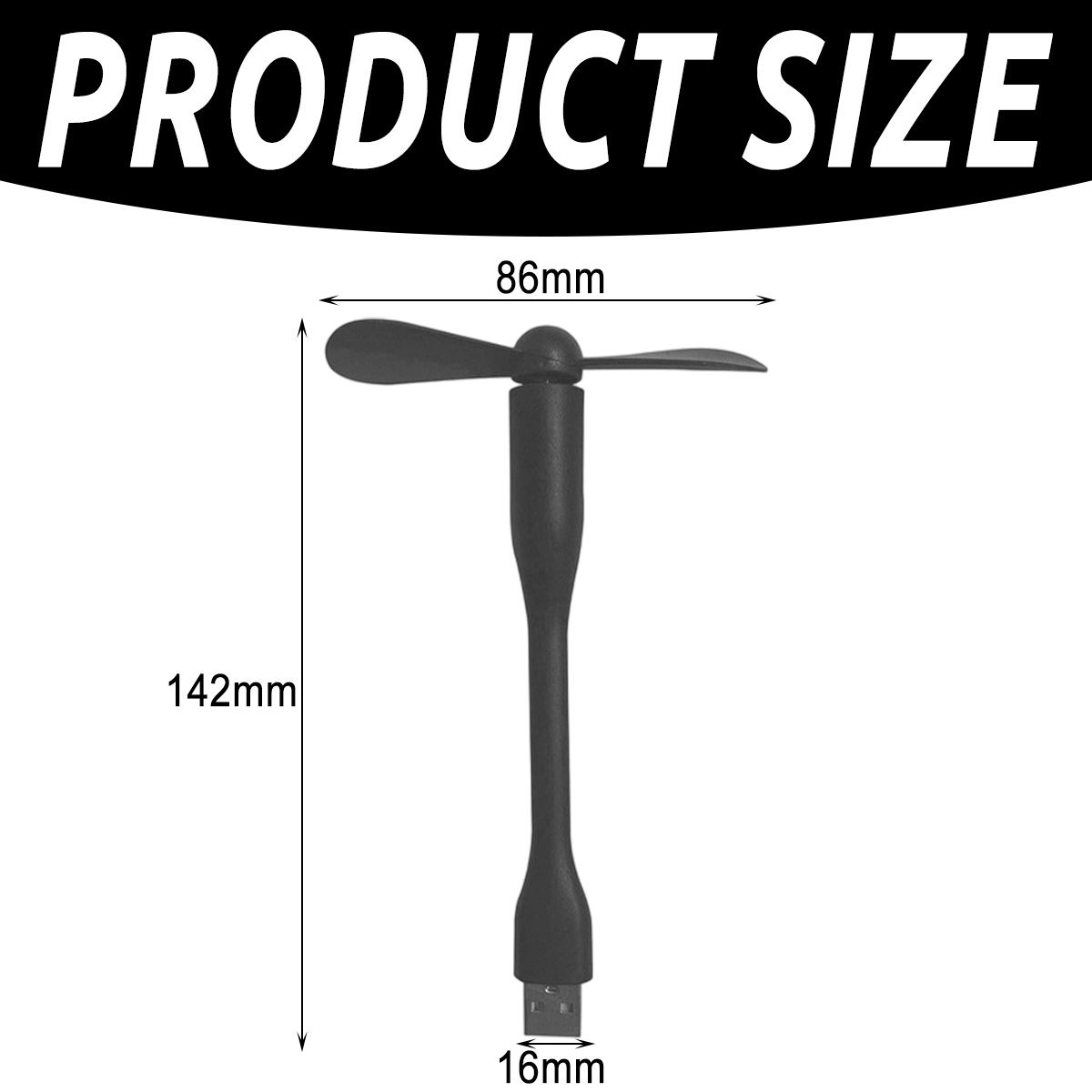 Schwarzer USB-Ventilator mit den Maßen 86x142x16mm gezeigt. Text: PRODUKTGRÖSSE.