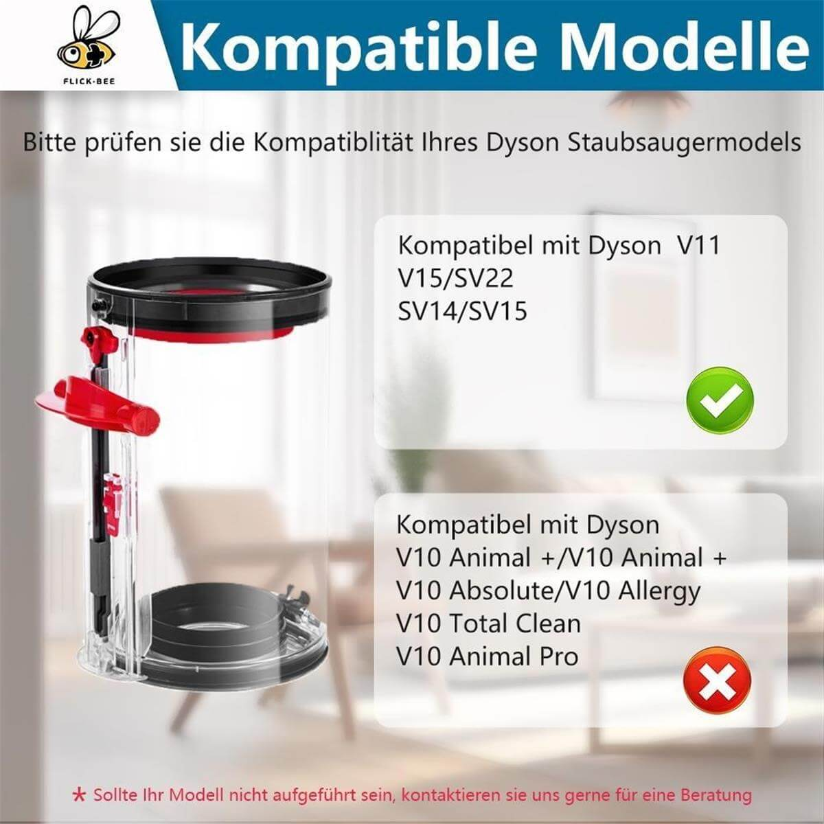 Un contenitore polvere Dyson trasparente con dettagli rossi, modelli compatibili elencati.