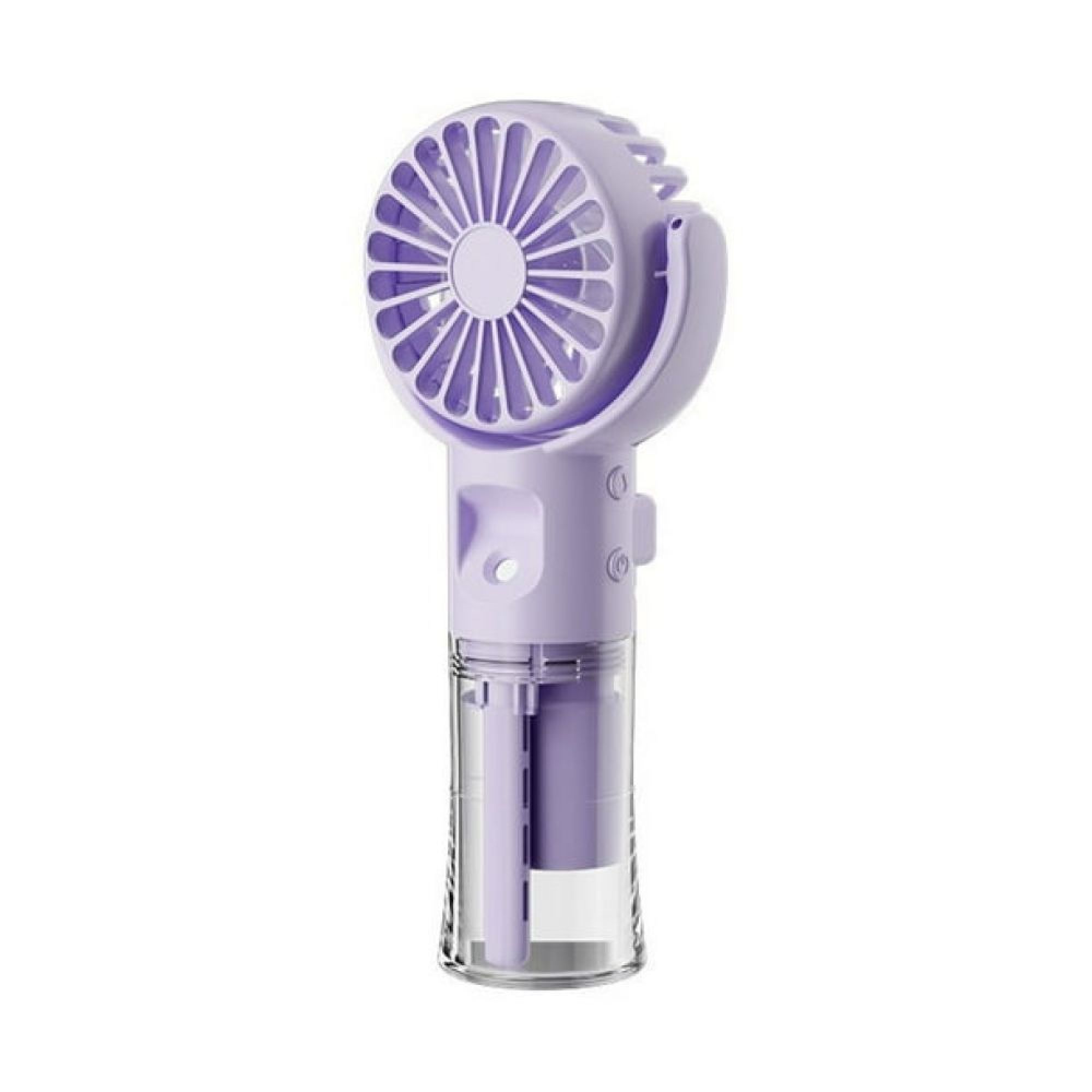 Ein kleiner, tragbarer Ventilator in Lavendelfarbe mit einem transparenten Behälter.