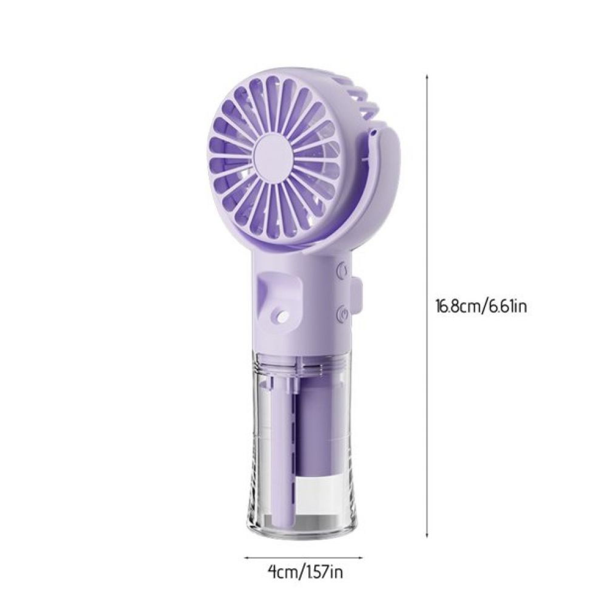 Ein lila Handventilator mit transparentem Griff und Maßangaben.