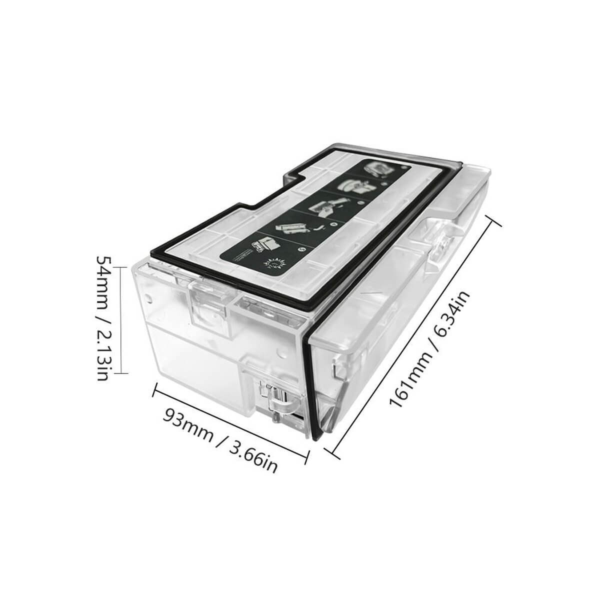 Contenitore polvere trasparente 161x93x54mm su sfondo bianco.