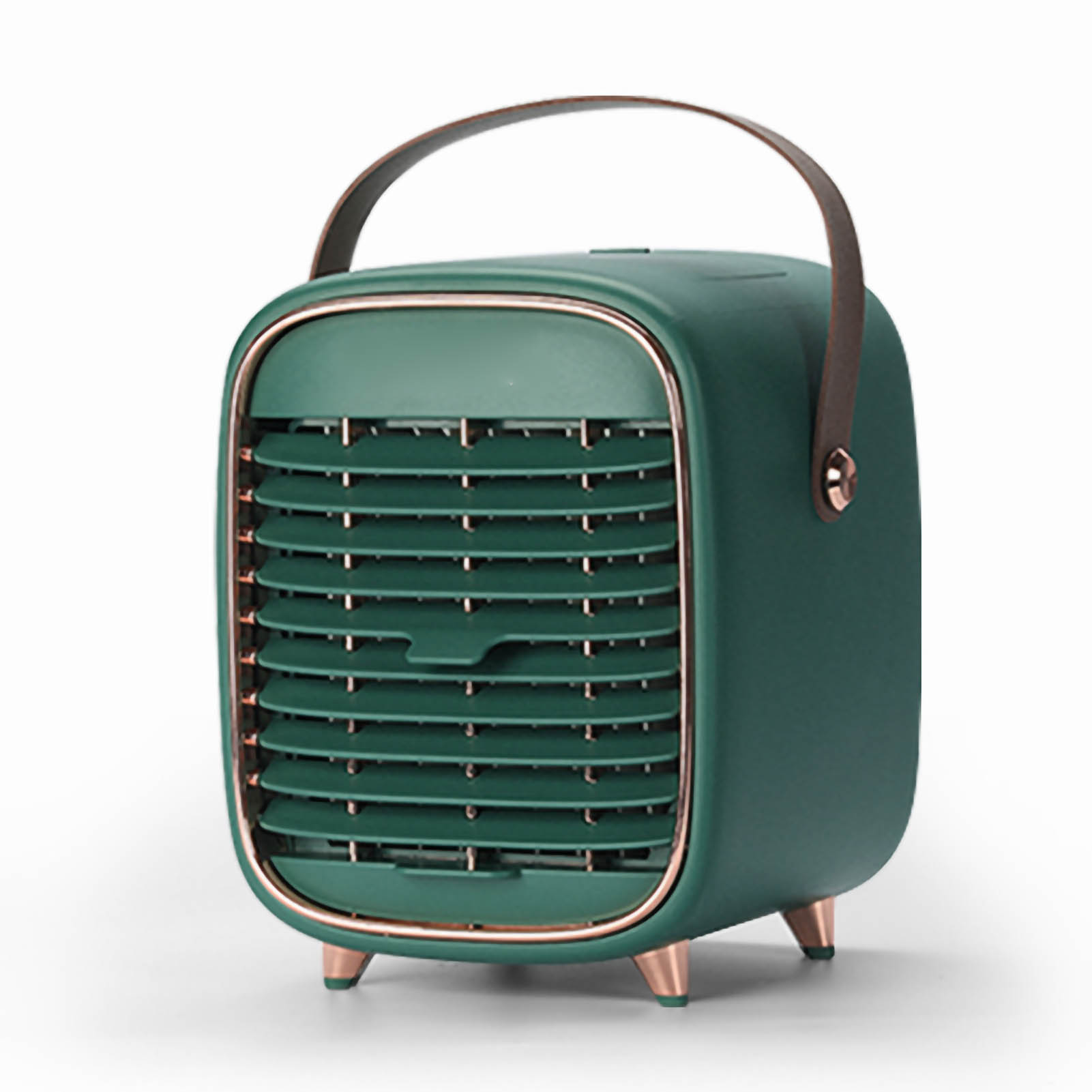 Ein kleiner, grüner Ventilator mit braunem Griff und goldenen Akzenten.