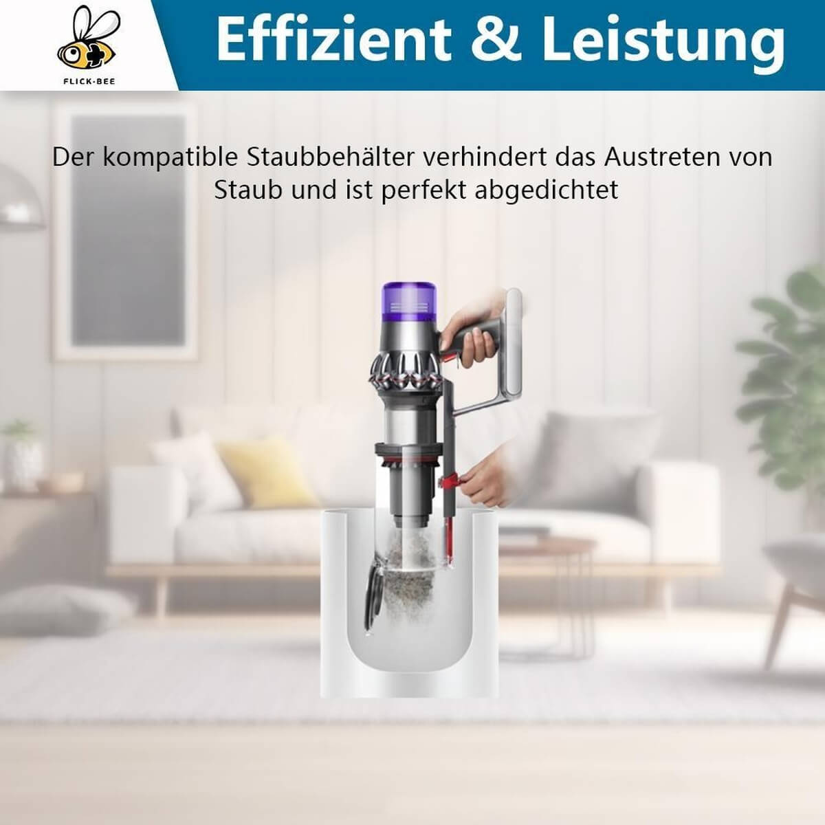 Un aspirapolvere Dyson con contenitore viola si svuota in un contenitore trasparente.