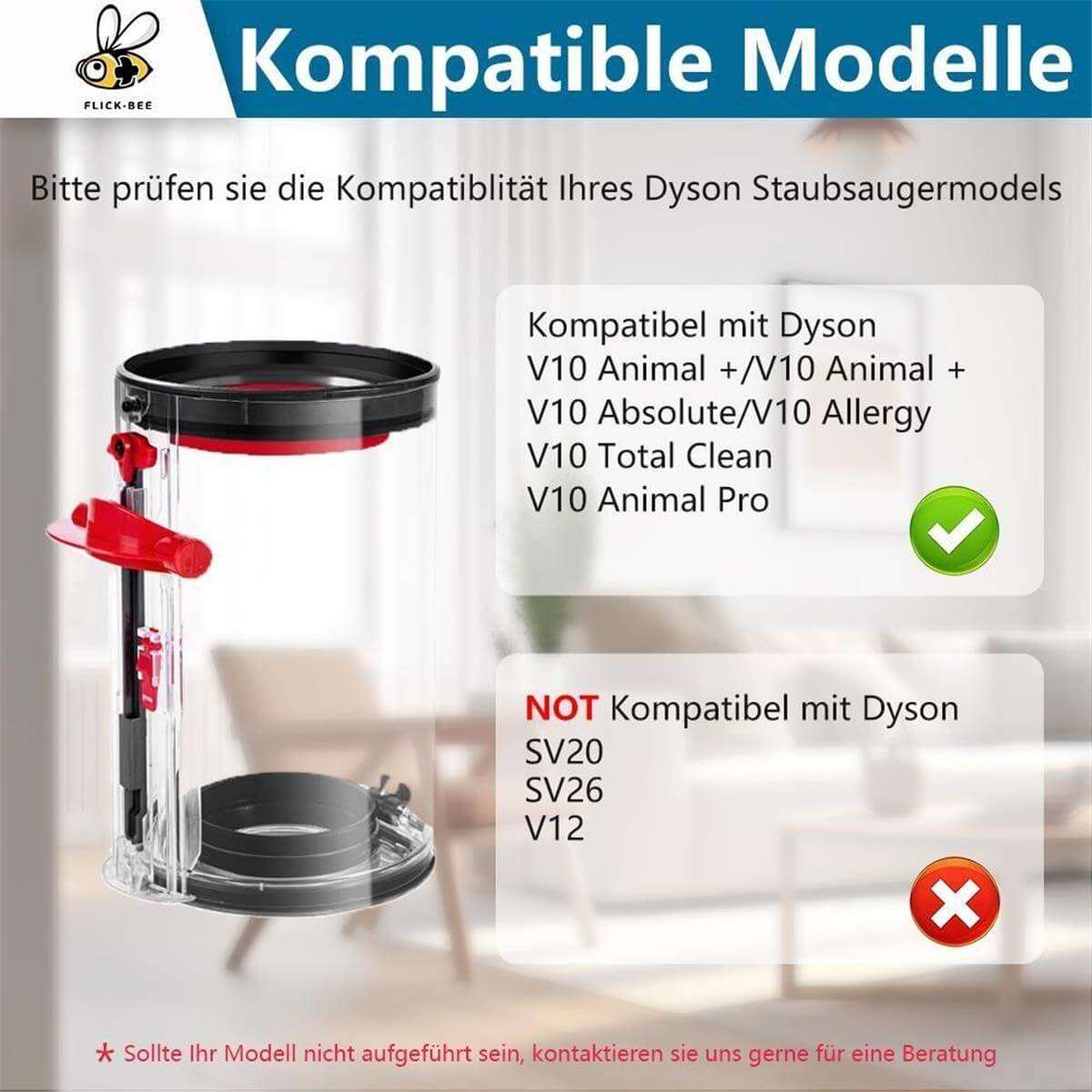 Contenitore polvere Dyson con lista compatibilità per modelli V10 e non compatibili.