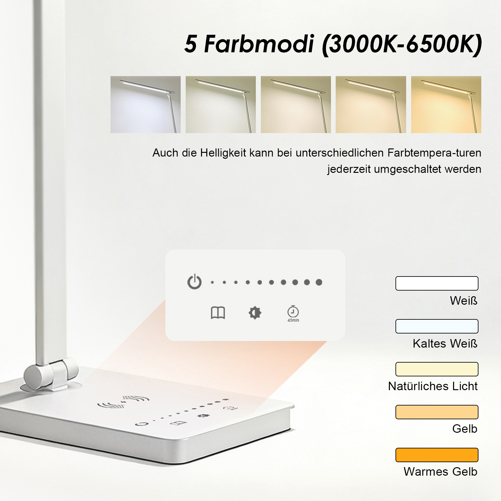 Eine weiße Lampe mit einstellbarer Helligkeit und Farbtemperatur.