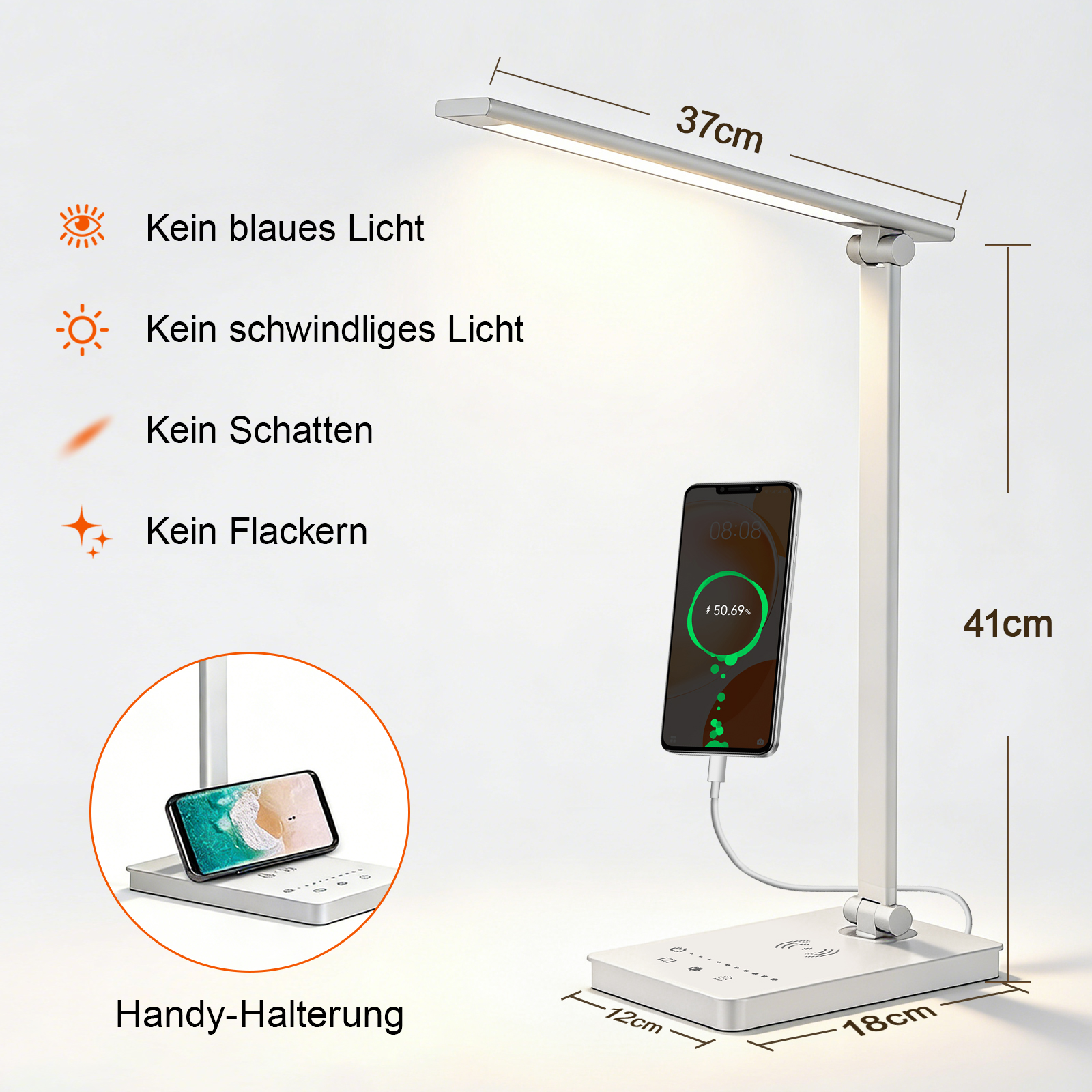 Weiße Schreibtischlampe mit Handyhalterung, lädt ein Handy auf.
