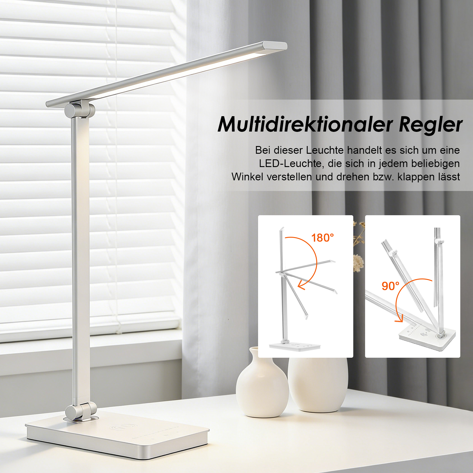 Eine silberne LED-Schreibtischlampe mit flexiblen Gelenken und Ladefunktion.