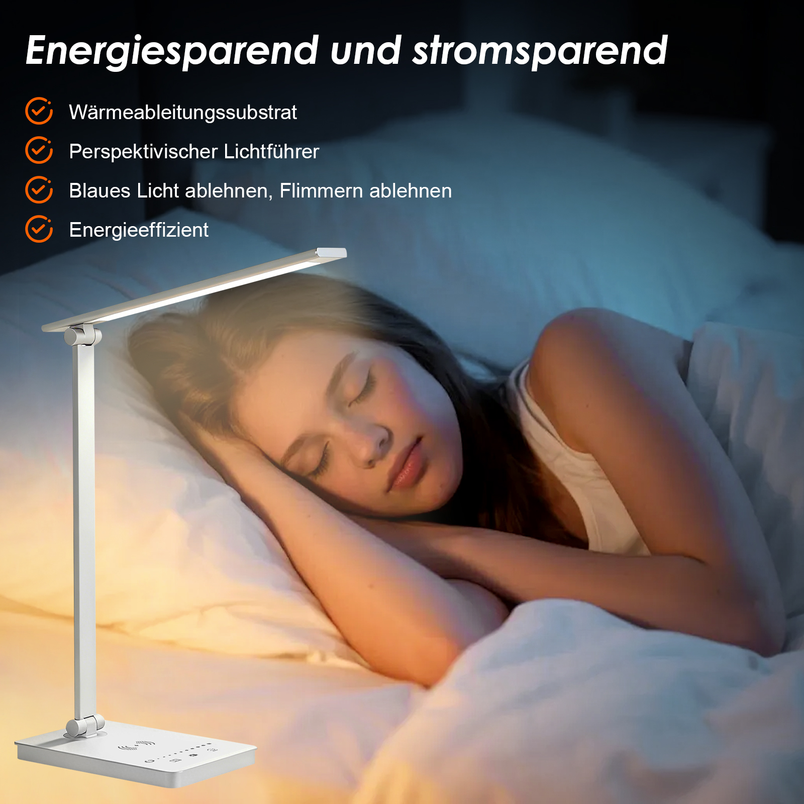 Eine Frau schläft neben einem modernen Schreibtisch, der Licht spendet.
