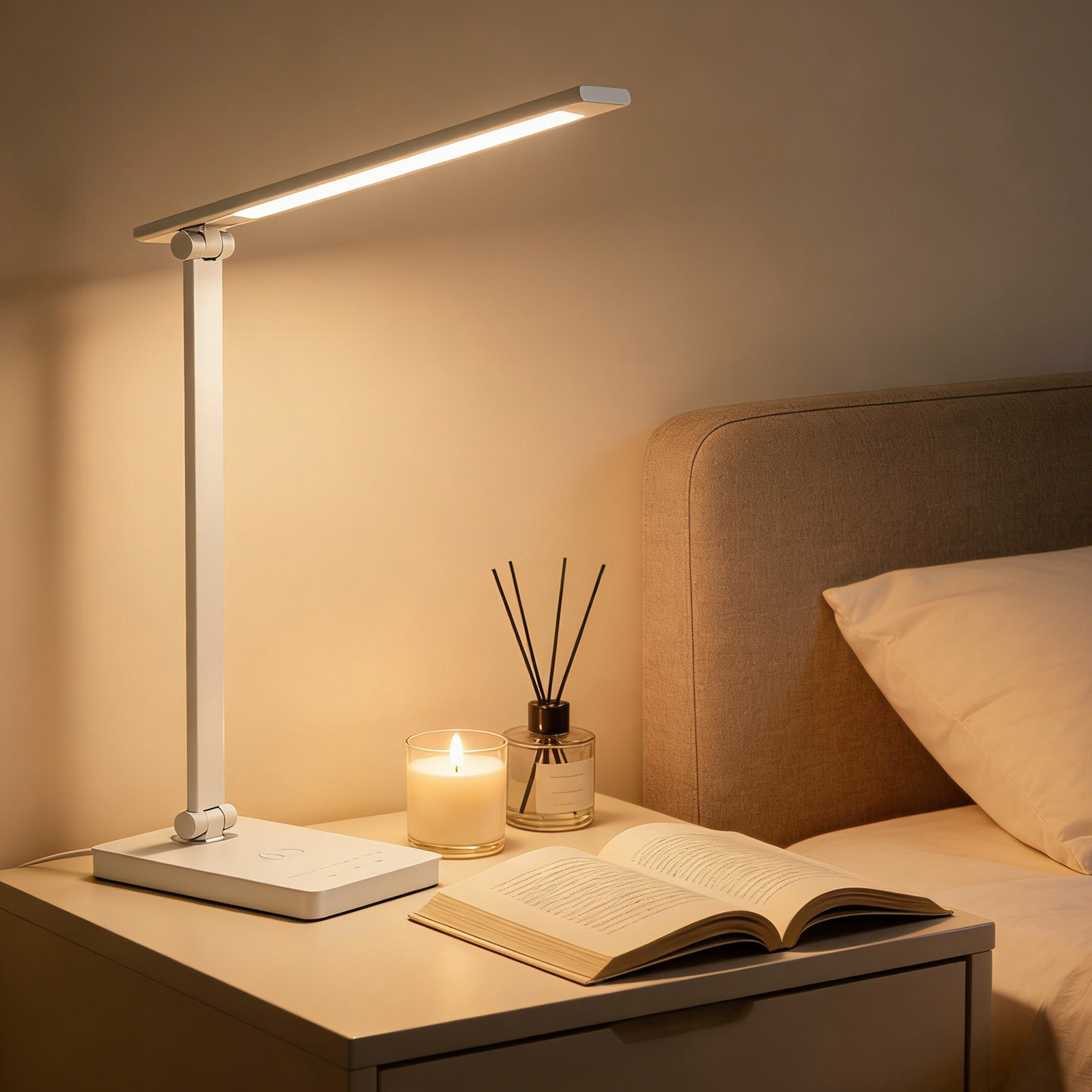 Ein Nachttisch mit Lampe, Kerze, Diffusor und Buch neben einem Bett.
