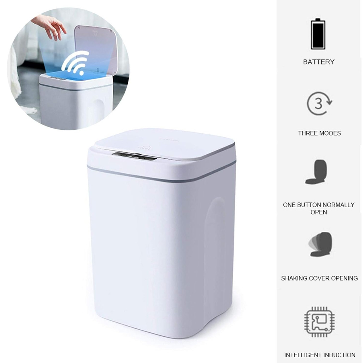 Weiße Mülleimer mit Deckel, der sich per Sensor oder Knopf öffnet.