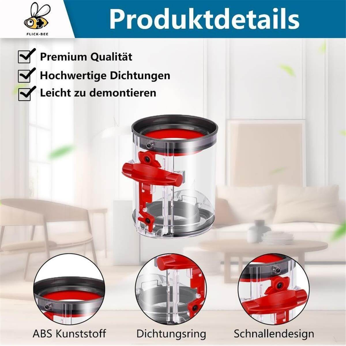 Immagine del prodotto che dettaglia un contenitore per la polvere con chiusure rosse e plastica ABS.