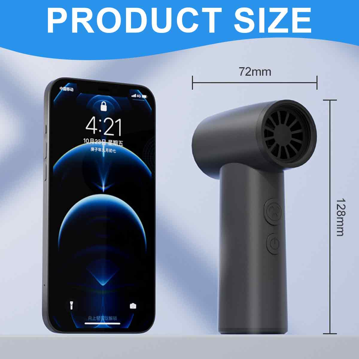 Ein Smartphone wird neben einem schwarzen Lüfter gezeigt. Maße: 72mm und 128mm.