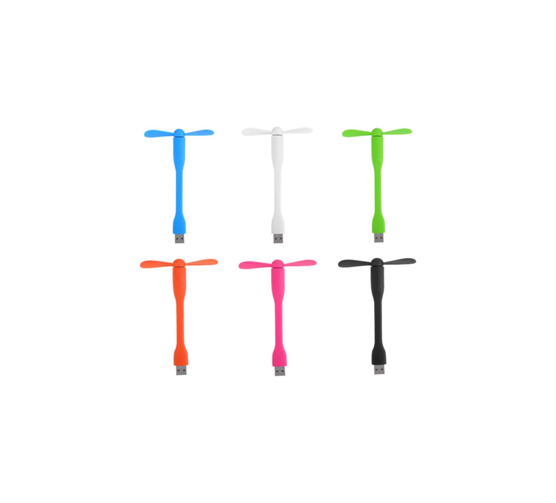 Sechs USB-Mini-Ventilatoren in Blau, Weiß, Grün, Orange, Pink und Schwarz.
