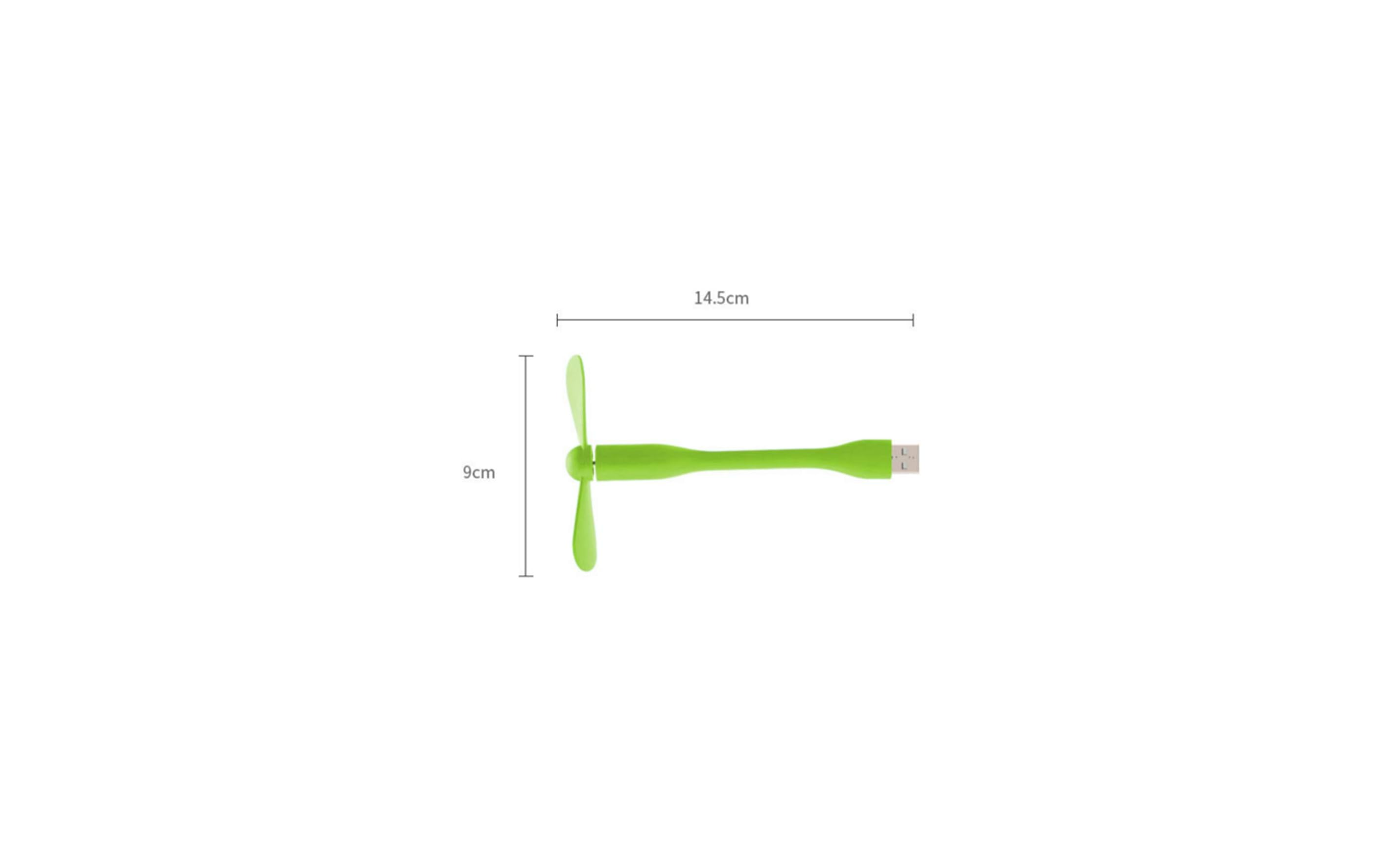 Ein kleiner grüner USB-Ventilator mit Maßen von 9cm x 14,5cm auf weißem Hintergrund.