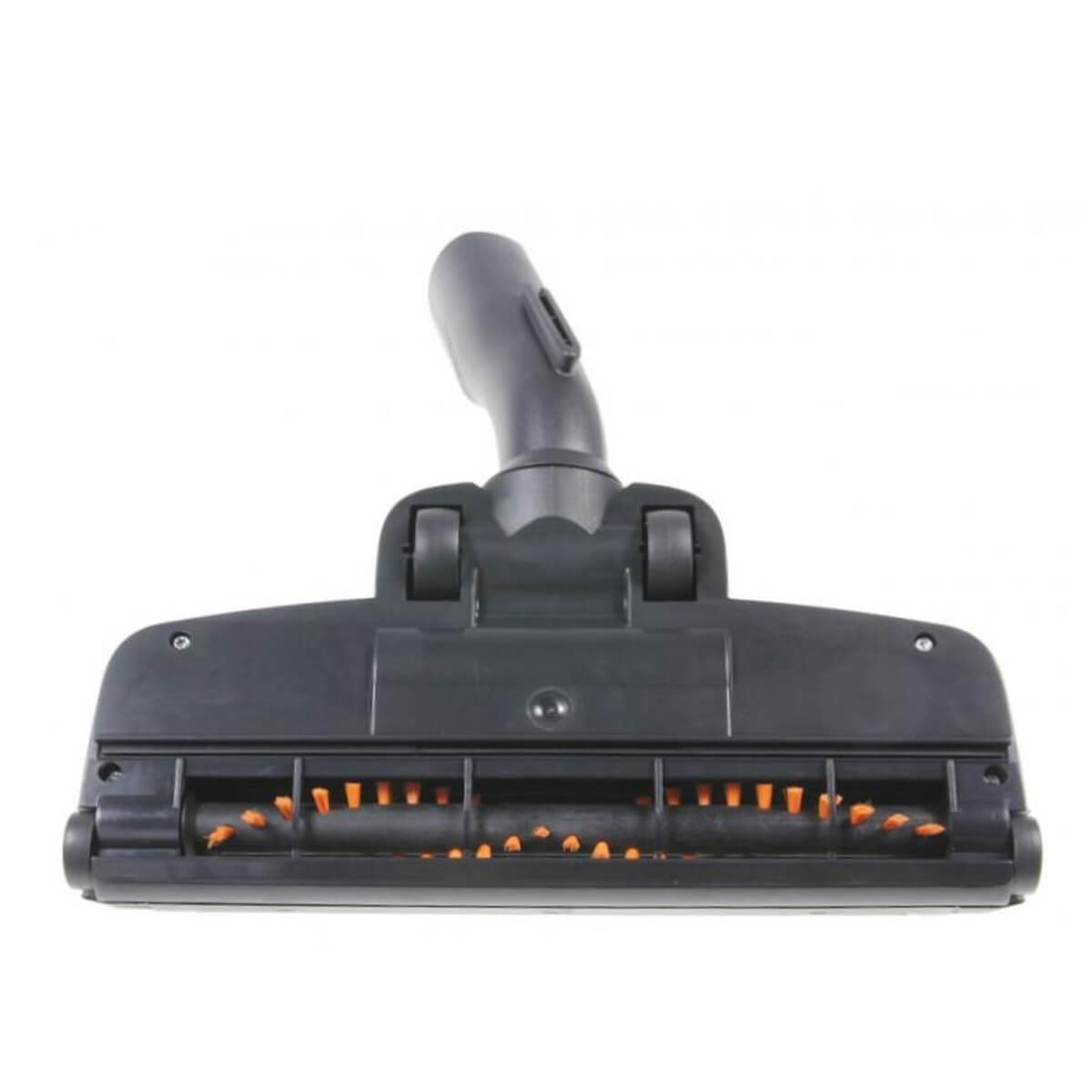 Une tête d'aspirateur noire avec brosses et roues oranges.