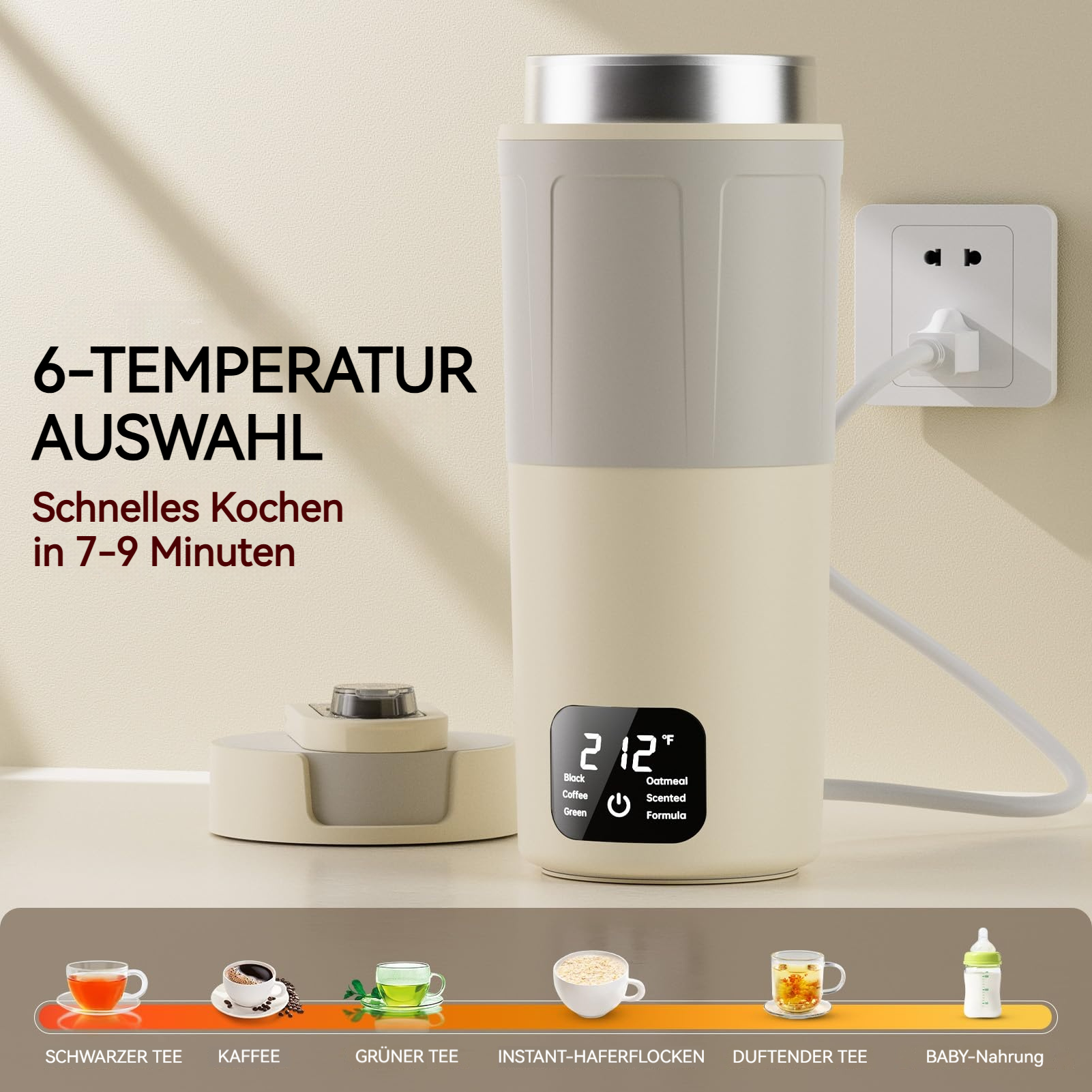 Ein Becher mit digitaler Anzeige zeigt 212°F. Sechs Optionen für Getränke sind sichtbar.