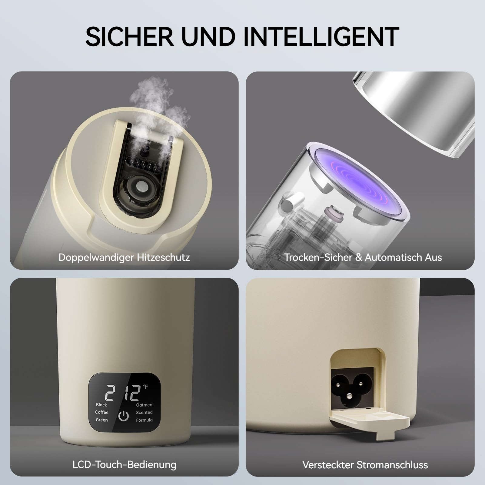 Vier Bilder zeigen Funktionen eines Geräts: Dampf, Trockenlaufschutz, LCD-Display und Stromanschluss.