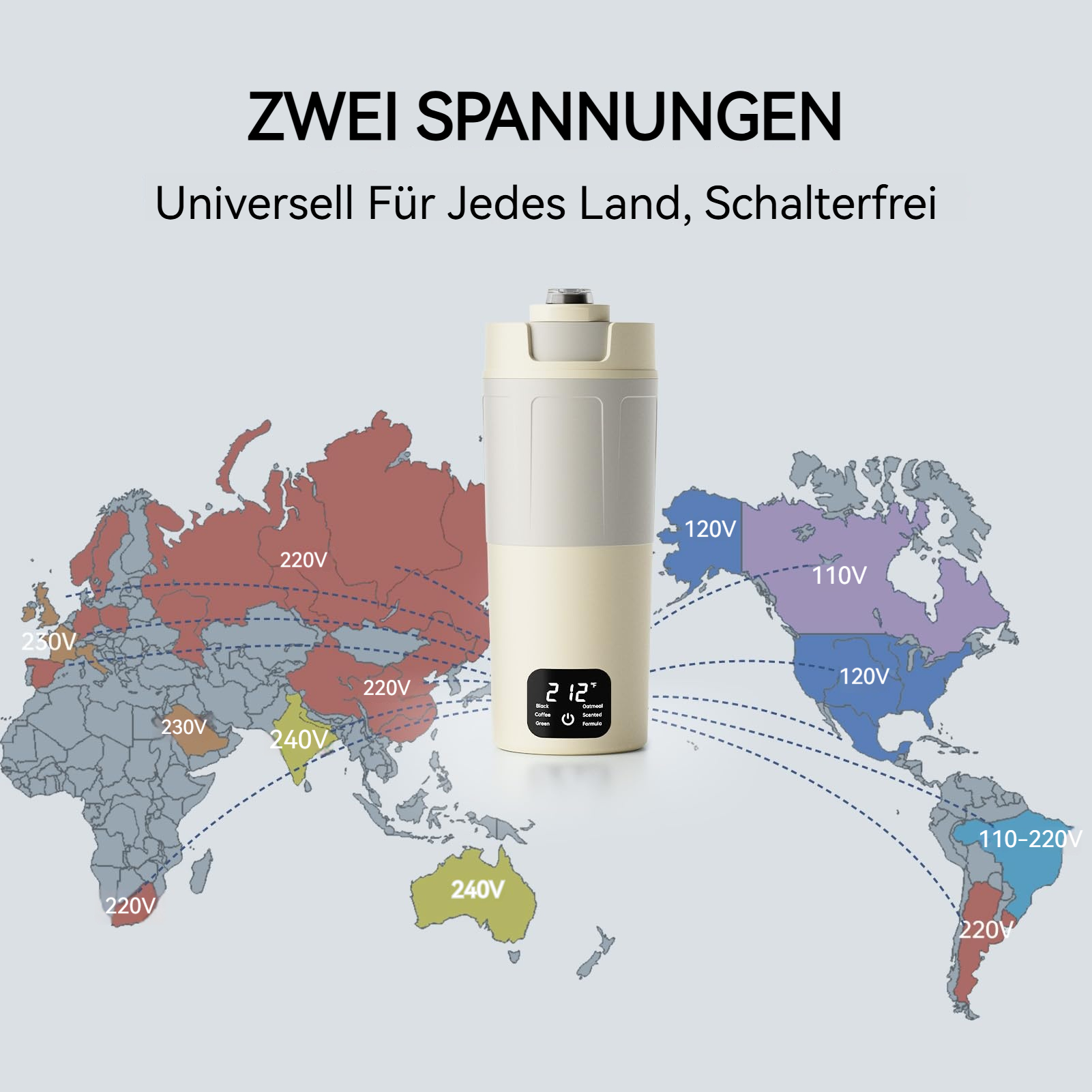 Ein thermischer Becher mit einer Weltkarte, die Spannungen zeigt.