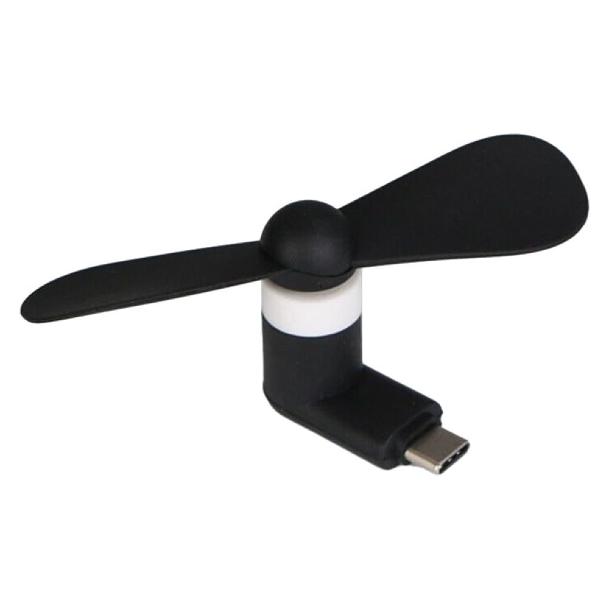 Ein schwarzer Mini-USB-Lüfter mit einem Typ-C-Anschluss, der an ein Smartphone angeschlossen wird.