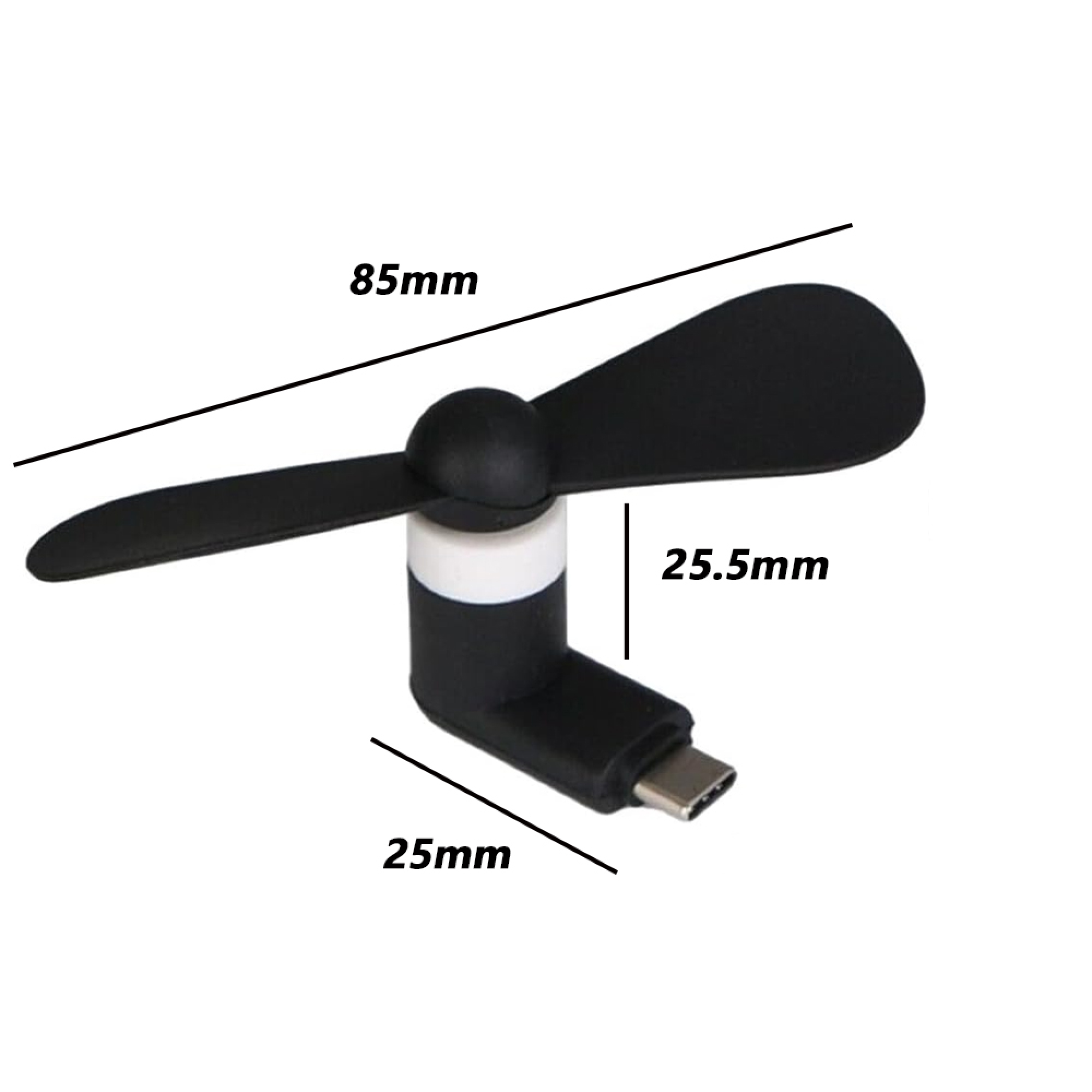 Ein schwarzer Mini-USB-Ventilator mit weißen Akzenten und Maßen.