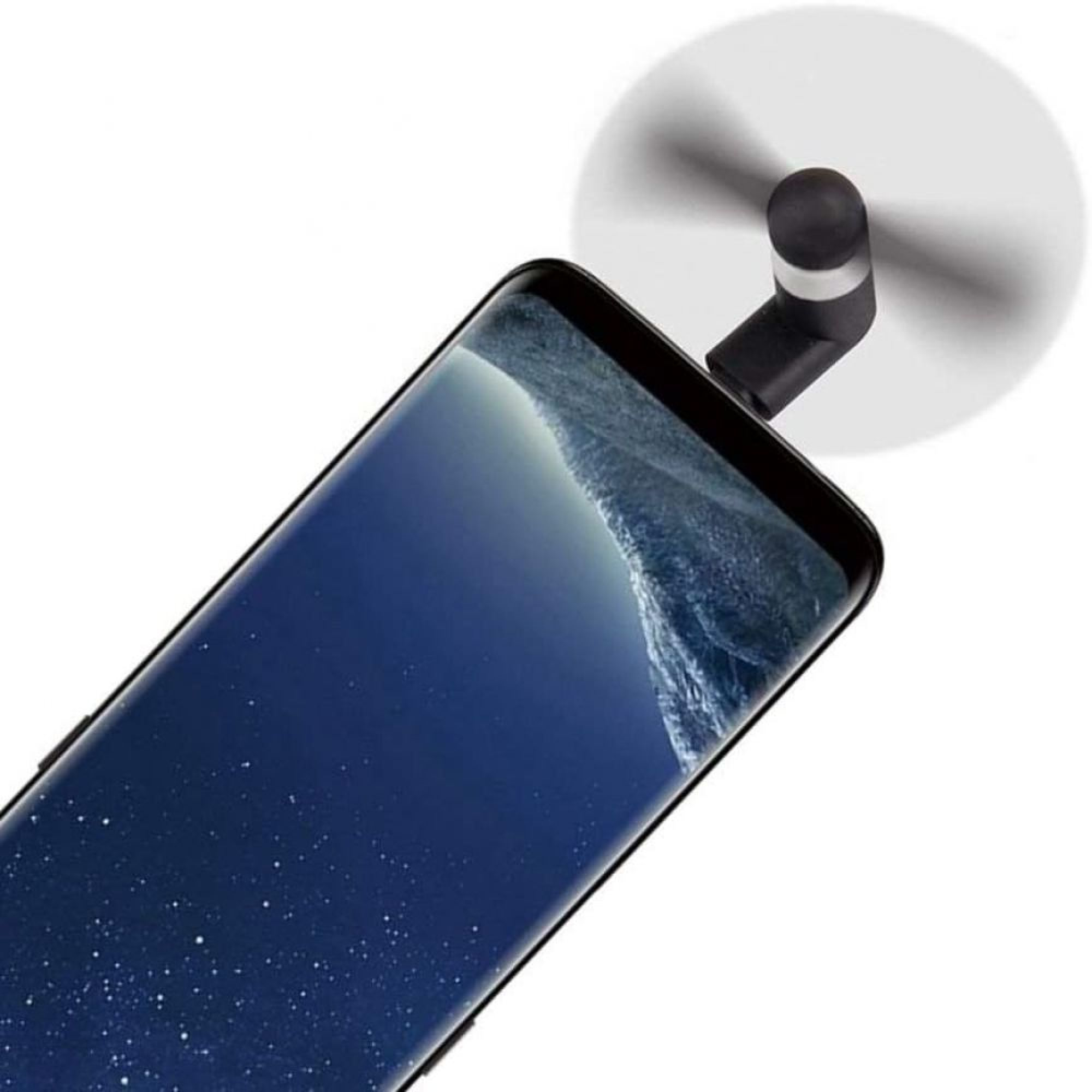 Ein Smartphone mit einem kleinen Propelleraufsatz, der sich auf dem weißen Hintergrund dreht.