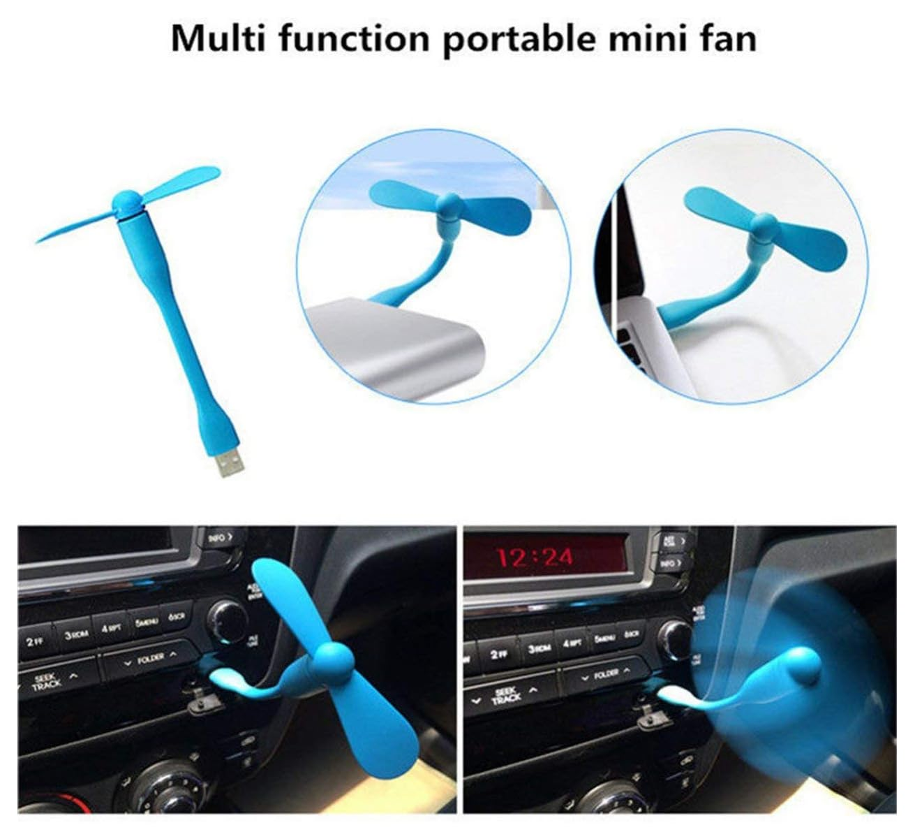 Ein blauer USB-Mini-Ventilator wird in einem Auto und an einem Laptop gezeigt.