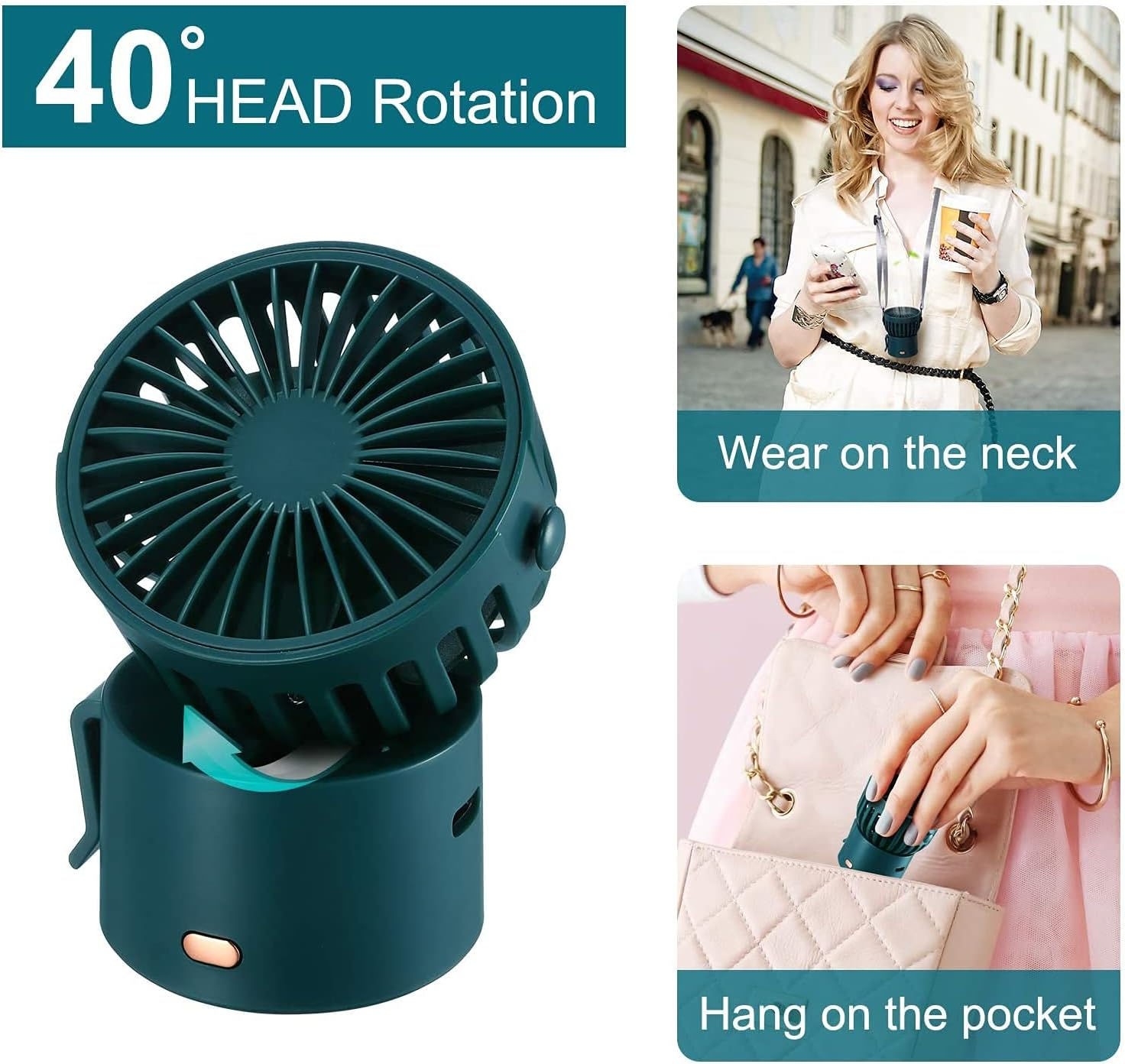 Ein kleiner, dunkelgrüner Ventilator, der um 40 Grad gedreht werden kann, zum Tragen am Hals oder Aufhängen.