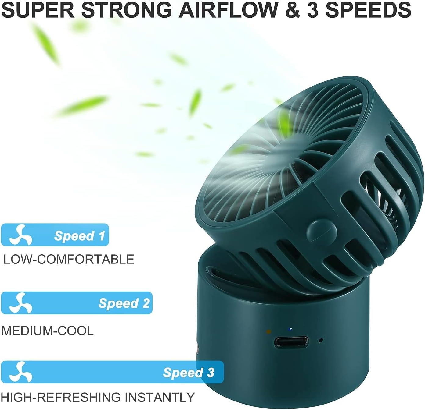 Ein kleiner, dunkelgrüner Ventilator mit drei Geschwindigkeitsstufen.