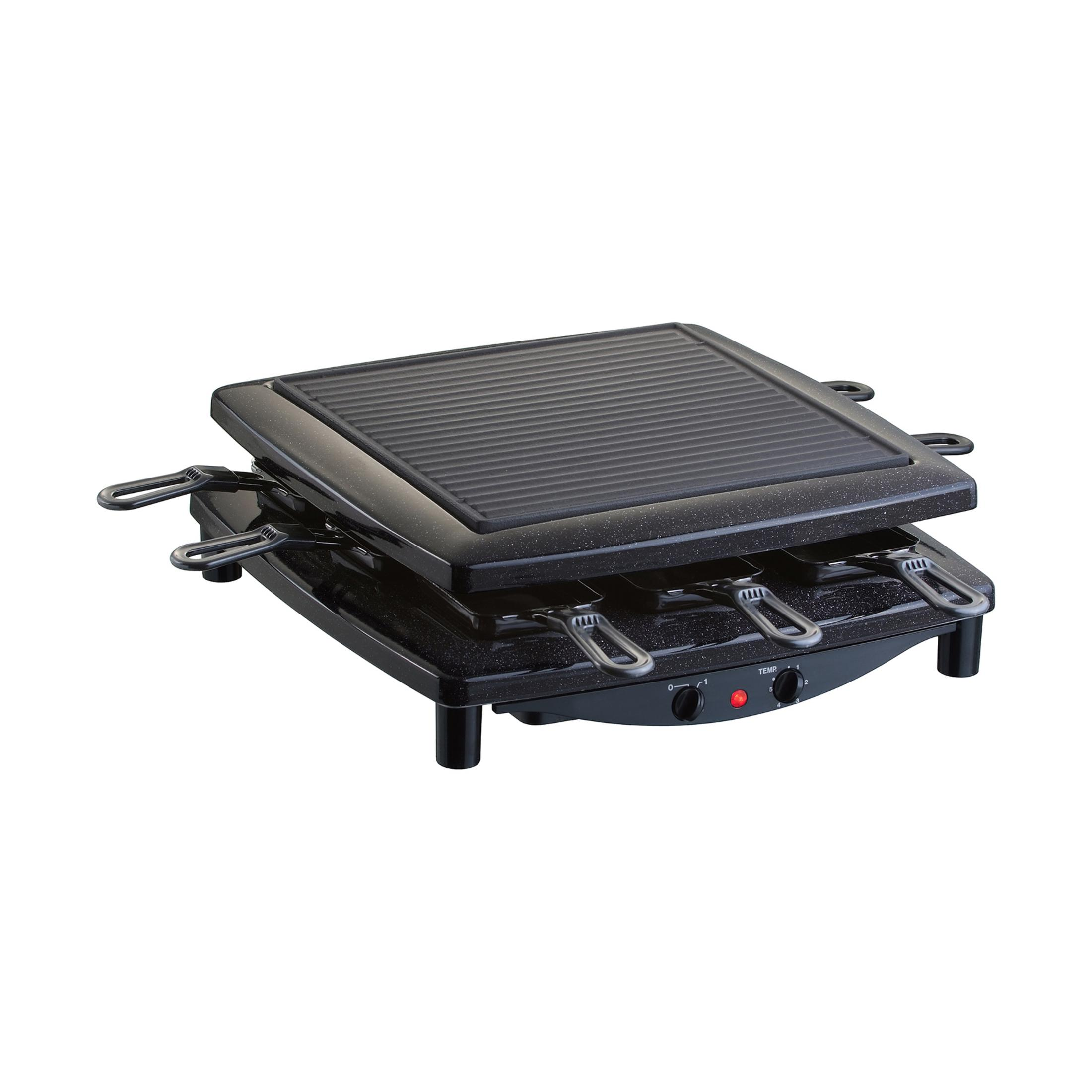 Ein schwarzer Raclettegrill mit Grillplatte und vier Pfännchen.