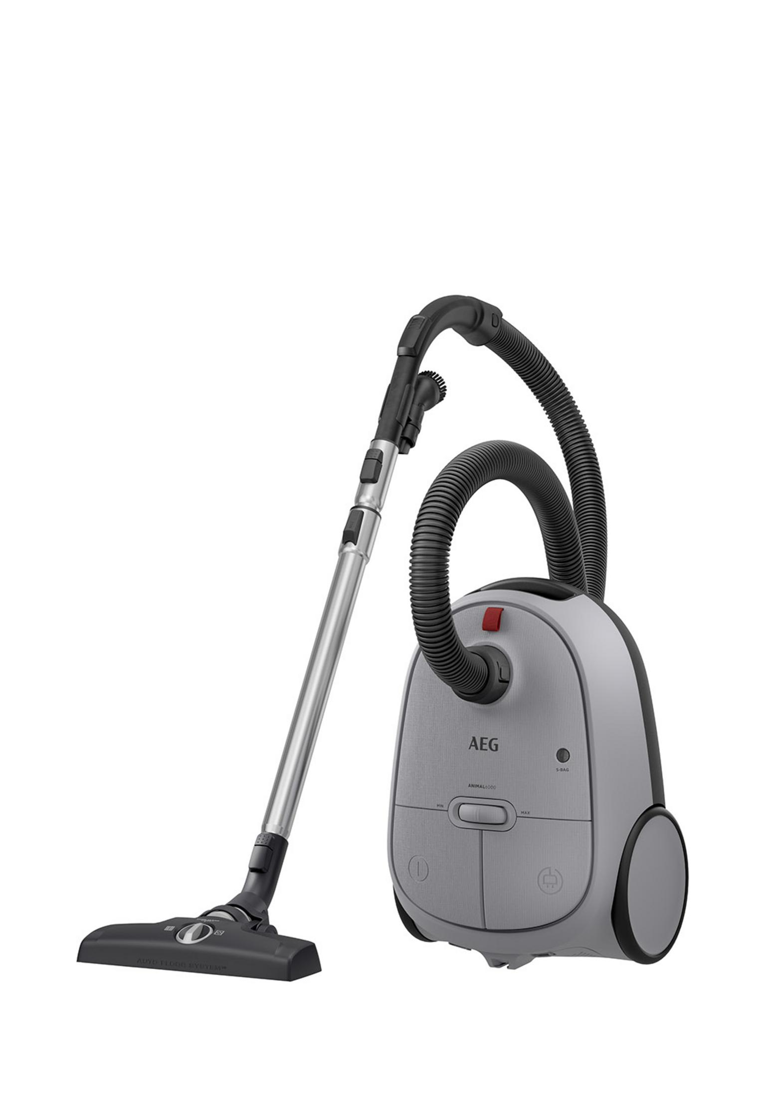 Aspirapolvere AEG grigio con tubo e spazzola su sfondo bianco.