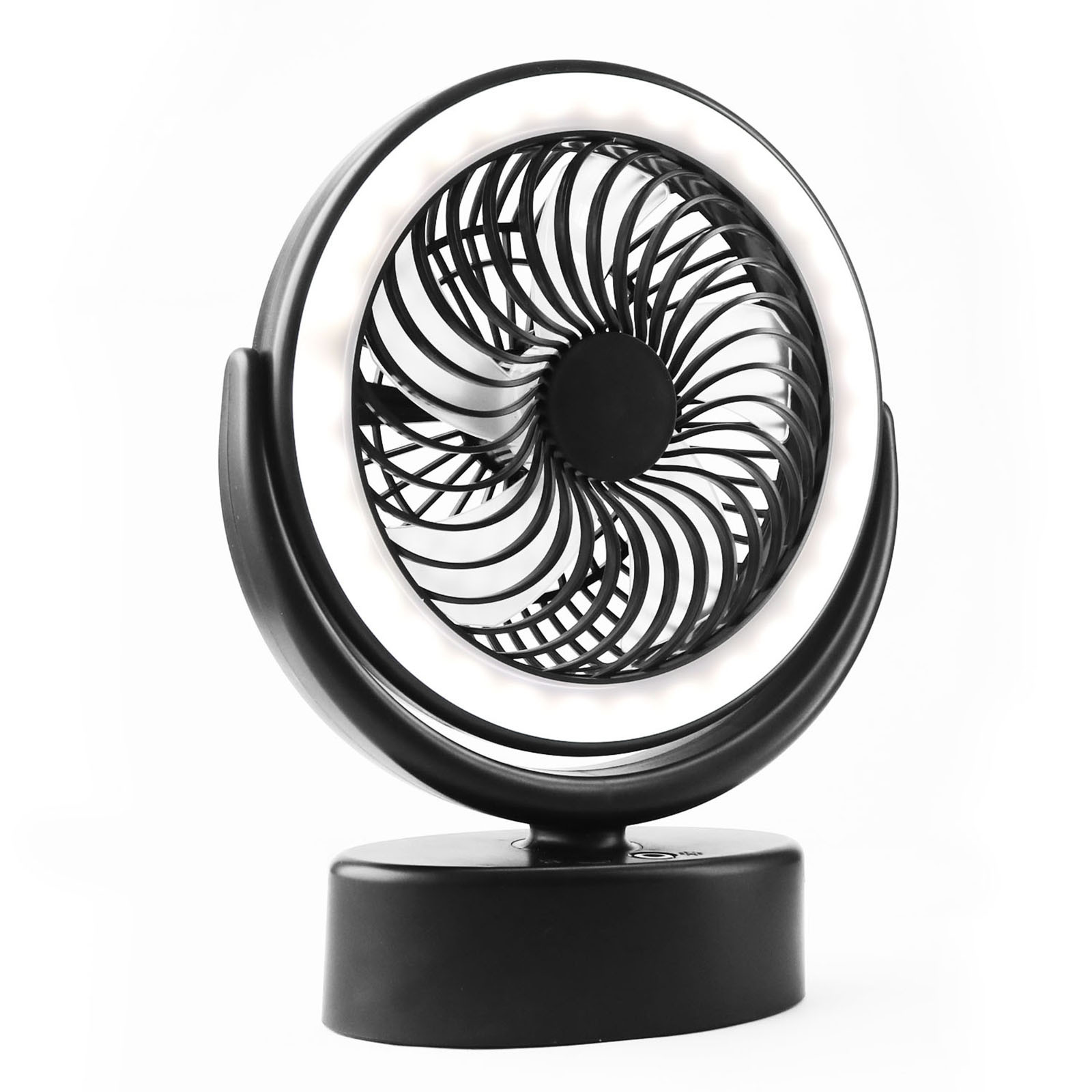 Ein schwarzer Ventilator mit Ringlicht steht auf einem Sockel.