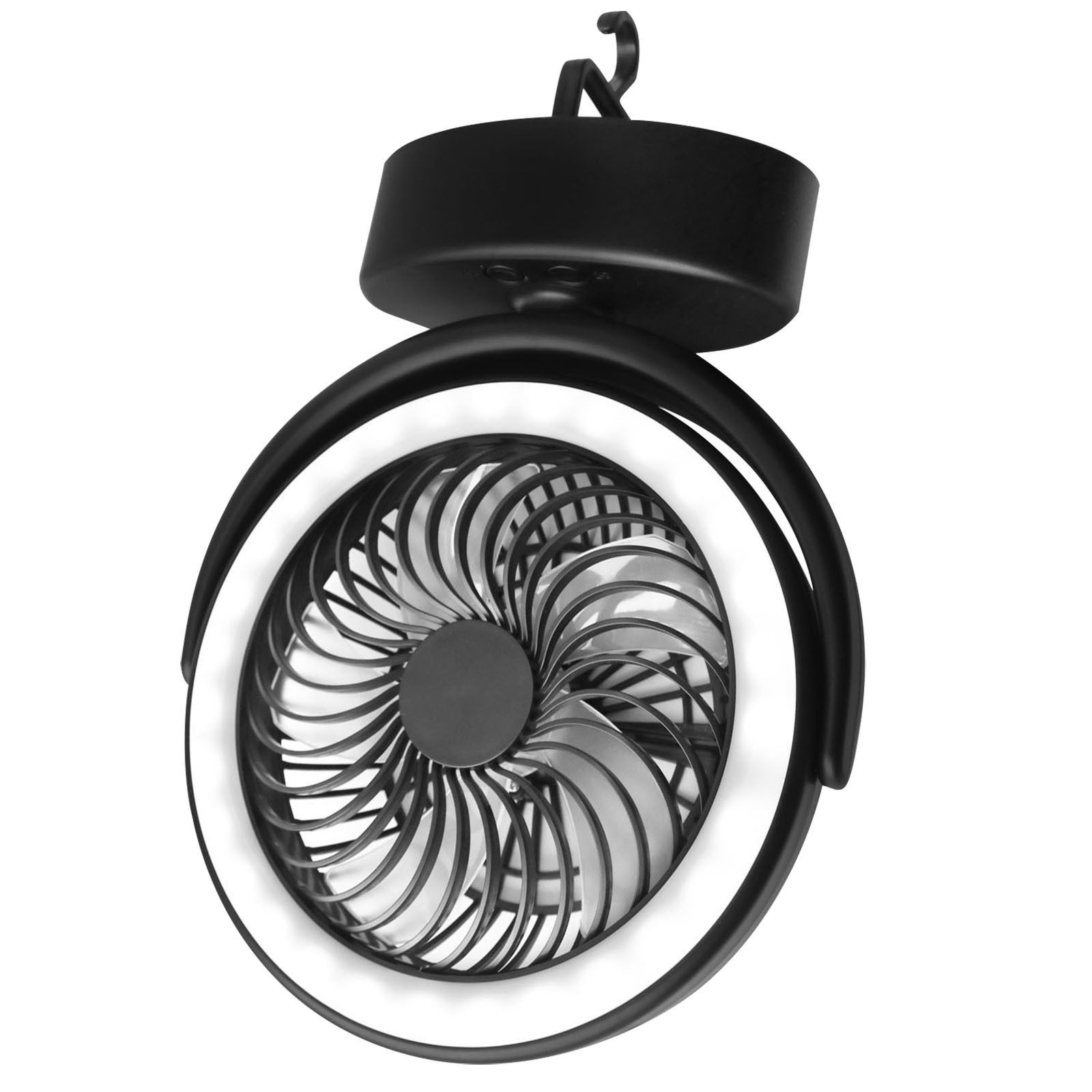 Ein schwarzer Ventilator mit hellem Ring hängt an einem Haken.