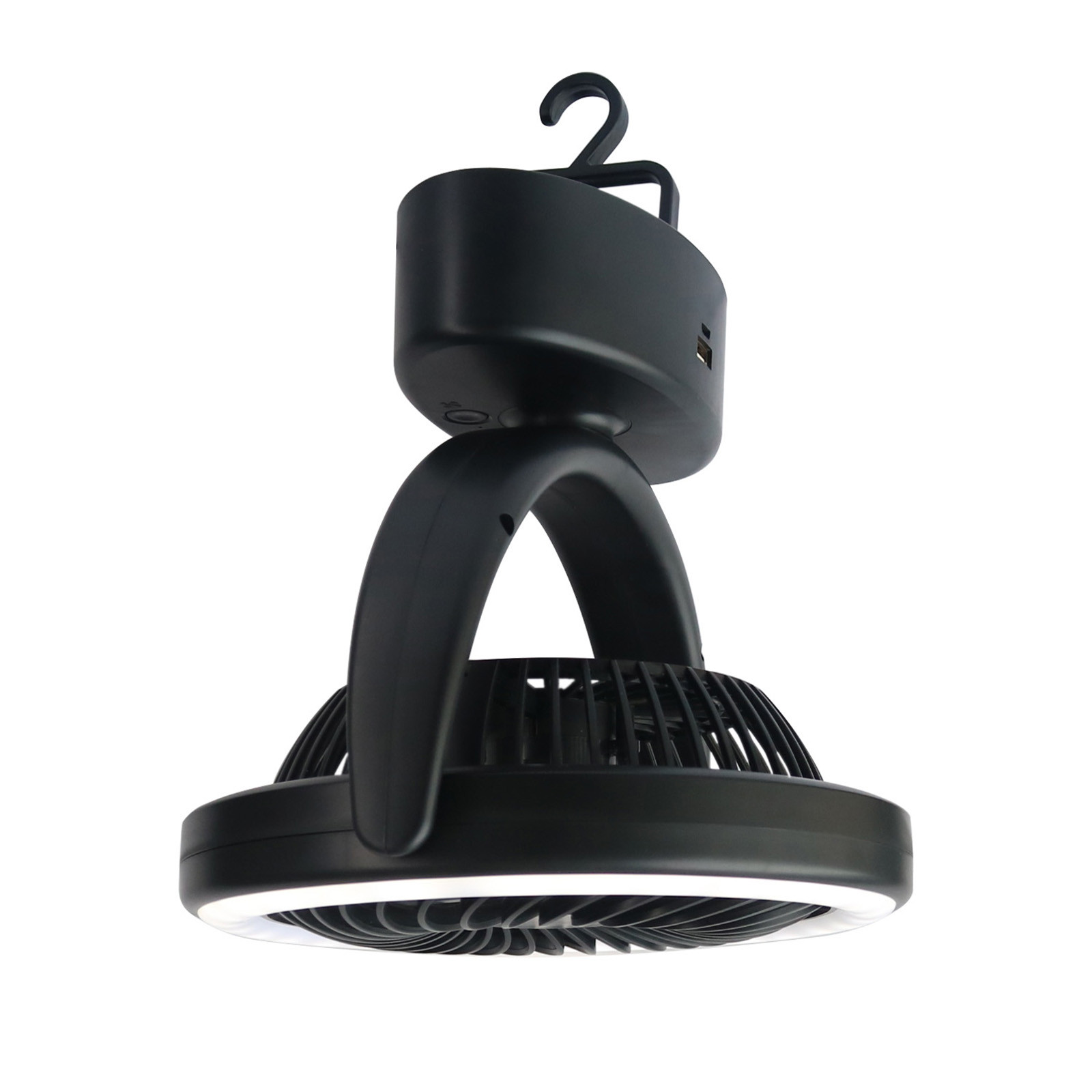 Schwarzer Campingventilator mit Haken und LED-Licht.