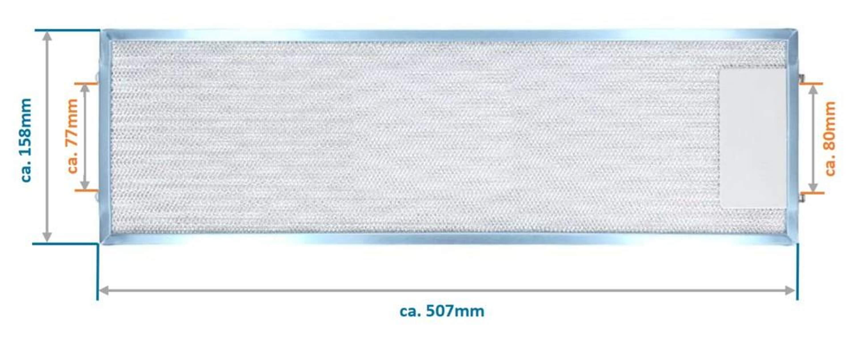 Metallfilter mit Maßen 507x158mm, 77mm und 80mm.