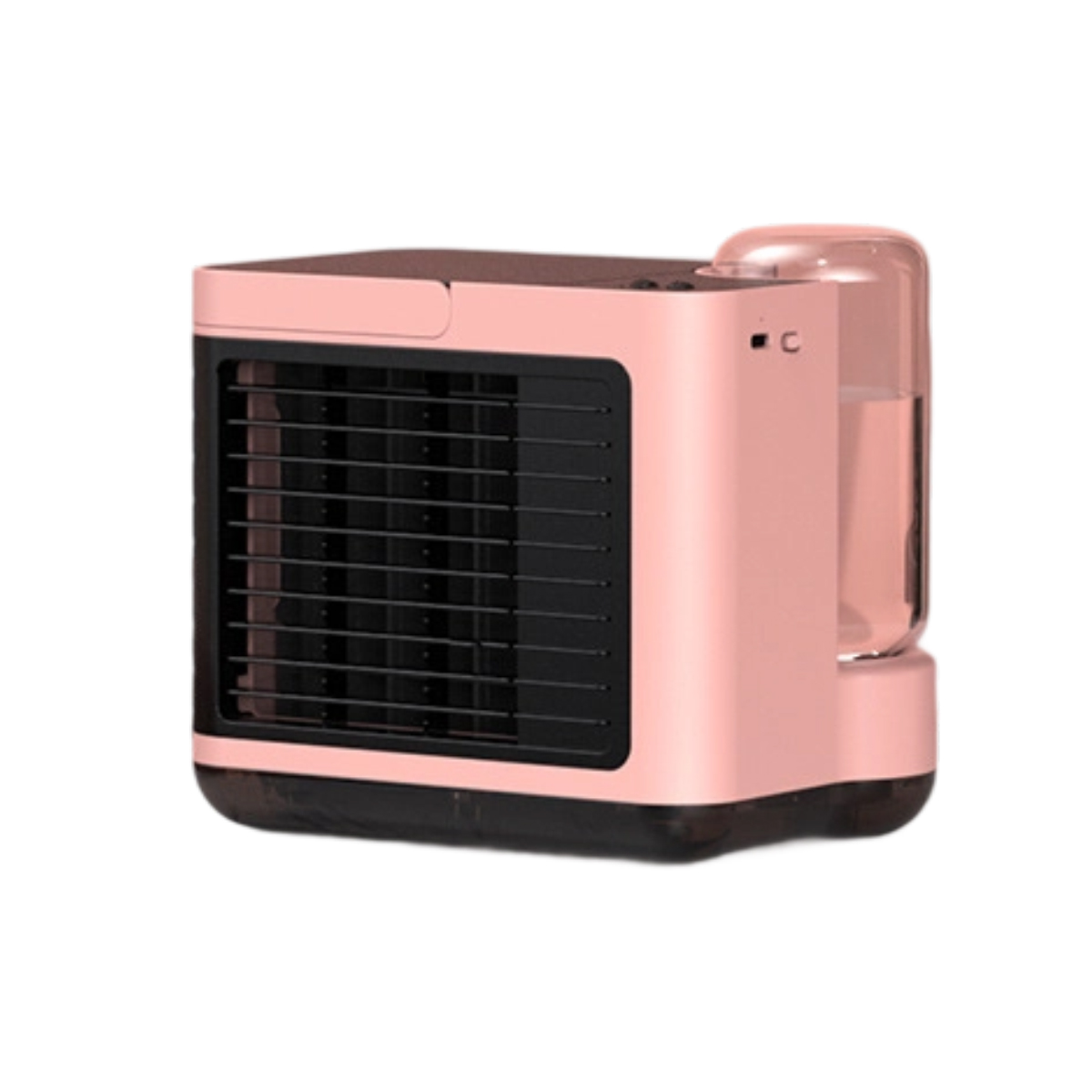 Ein roségoldener Mini-Luftkühler mit schwarzem Lüftungsgitter und Wassertank.