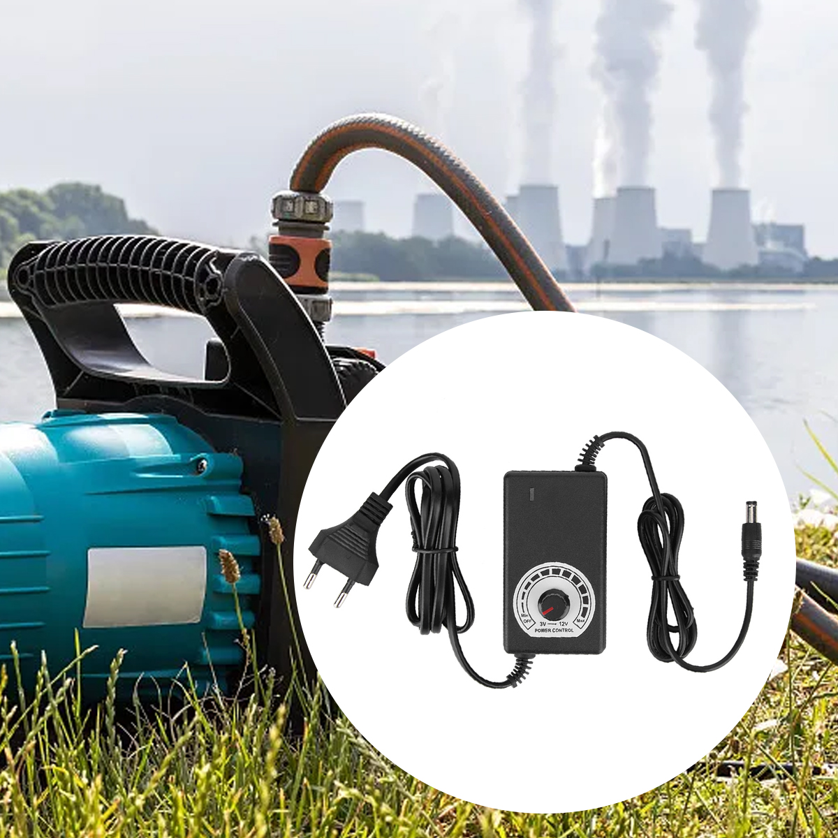 Ein blauer Wasserpumpenadapter mit Kabeln und ein Netzteil mit Drehregler.