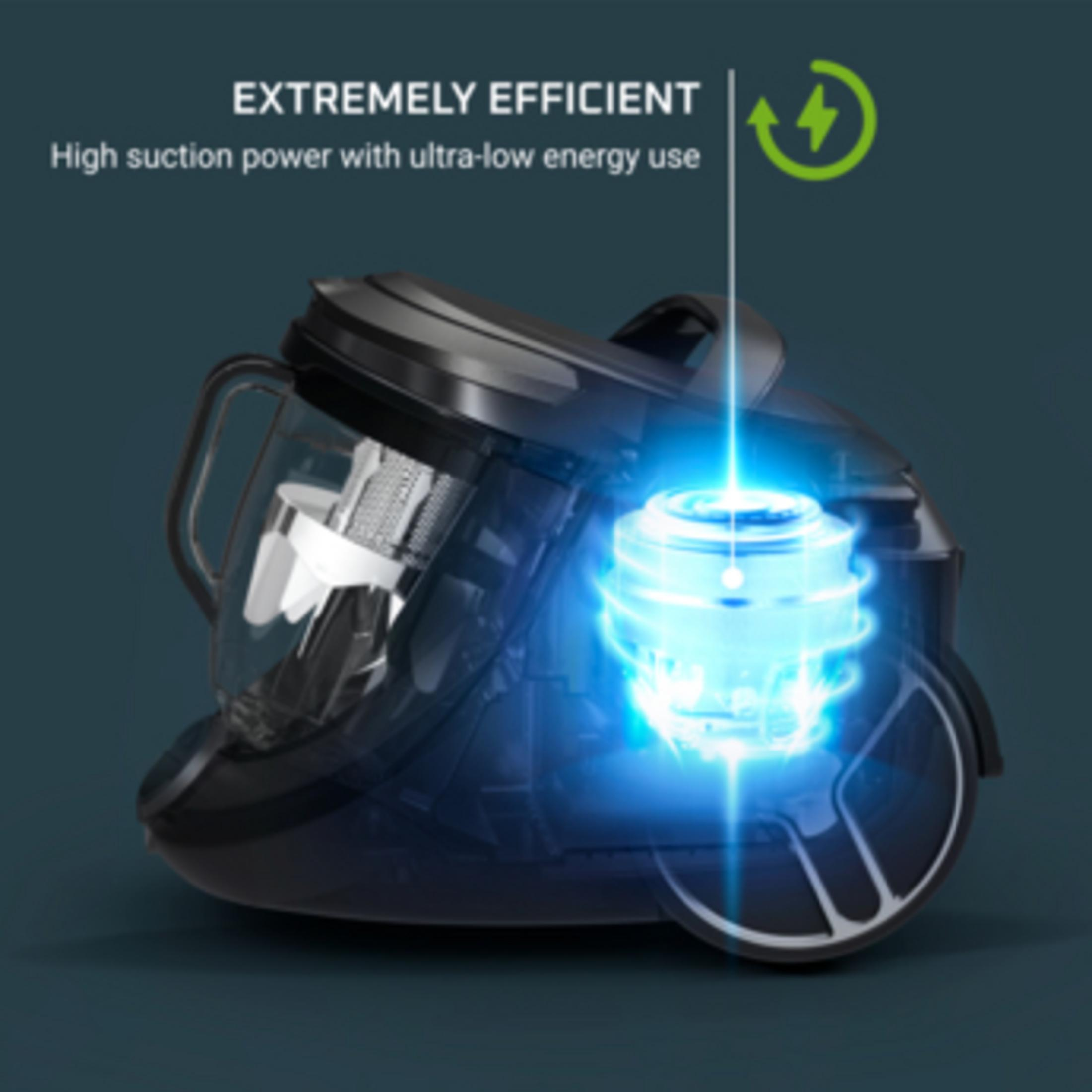 Un aspirapolvere nero con display energetico blu. Estremamente efficiente.