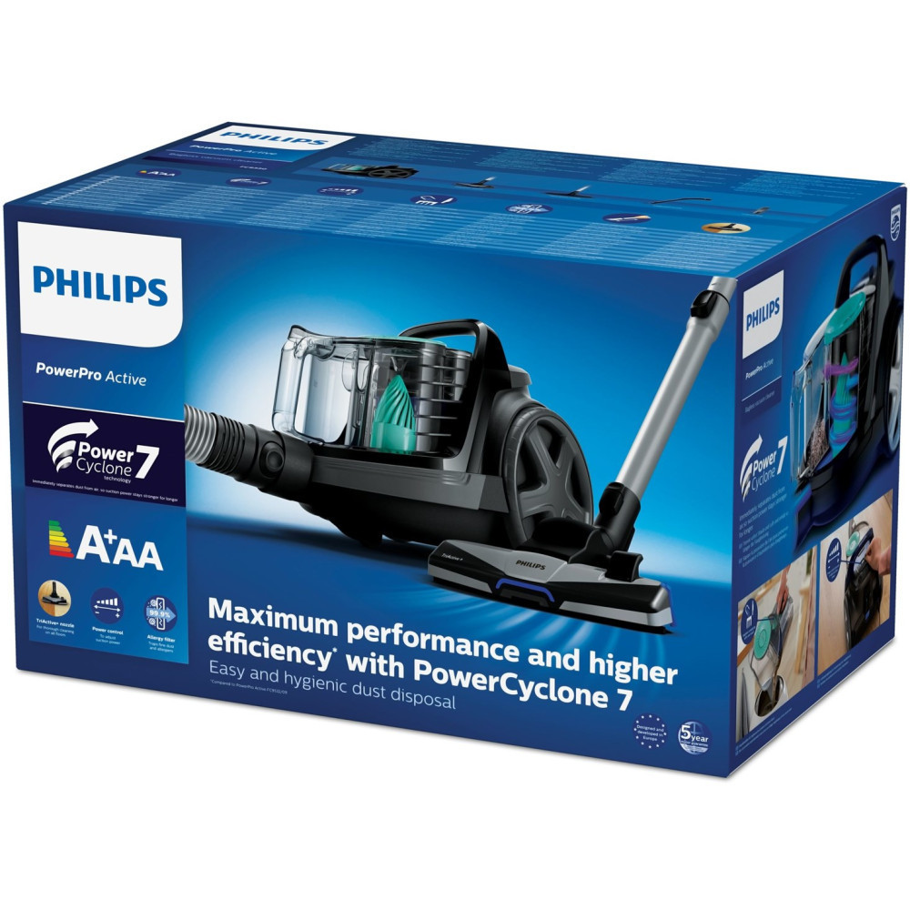 Confezione aspirapolvere Philips PowerPro Active con immagine del dispositivo e caratteristiche del prodotto.