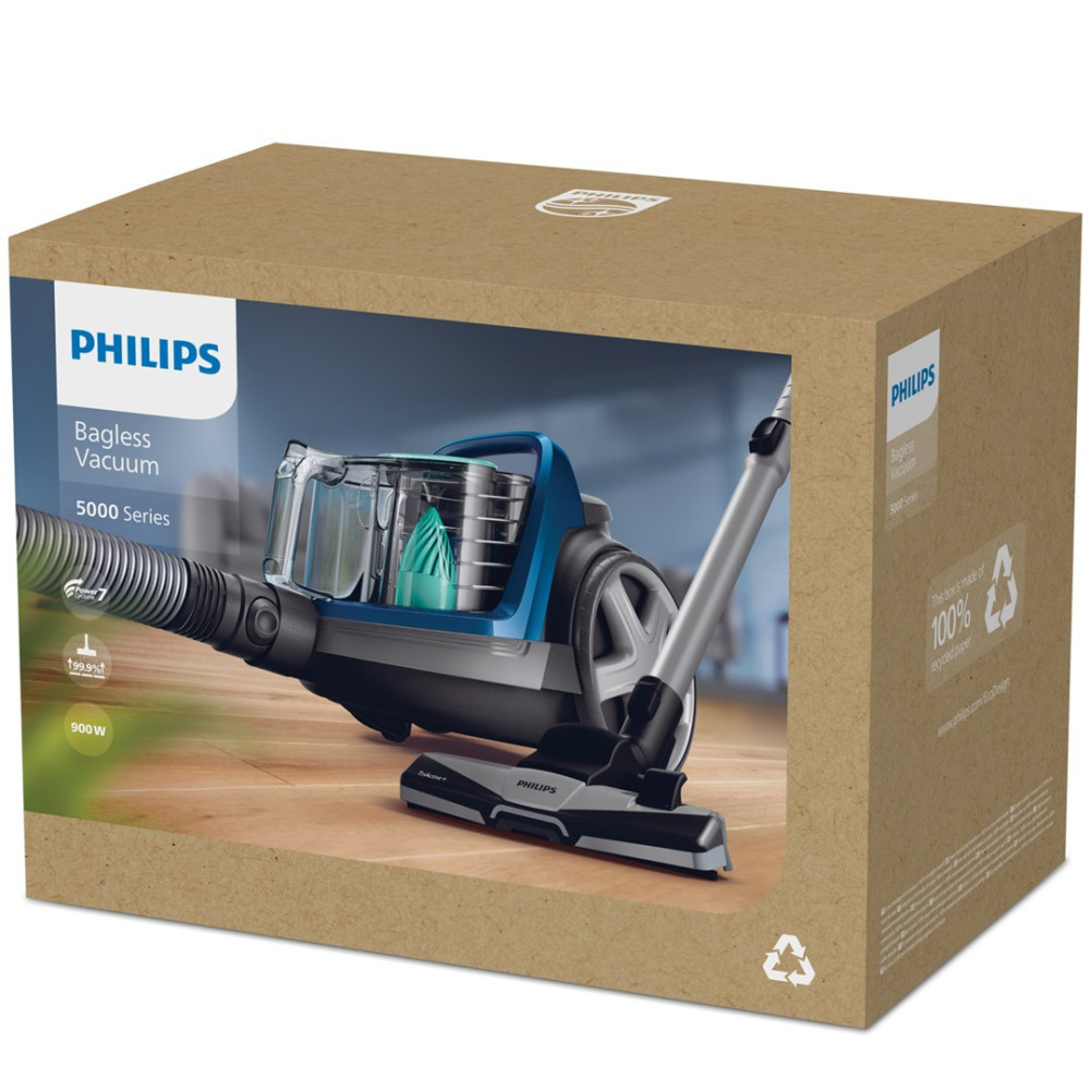 Scatola aspirapolvere senza sacco Philips Serie 5000 con aspirapolvere su pavimento in legno.