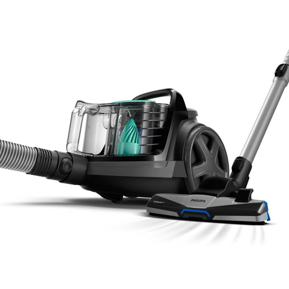 Un aspirapolvere Philips nero con contenitore trasparente e dettagli blu.