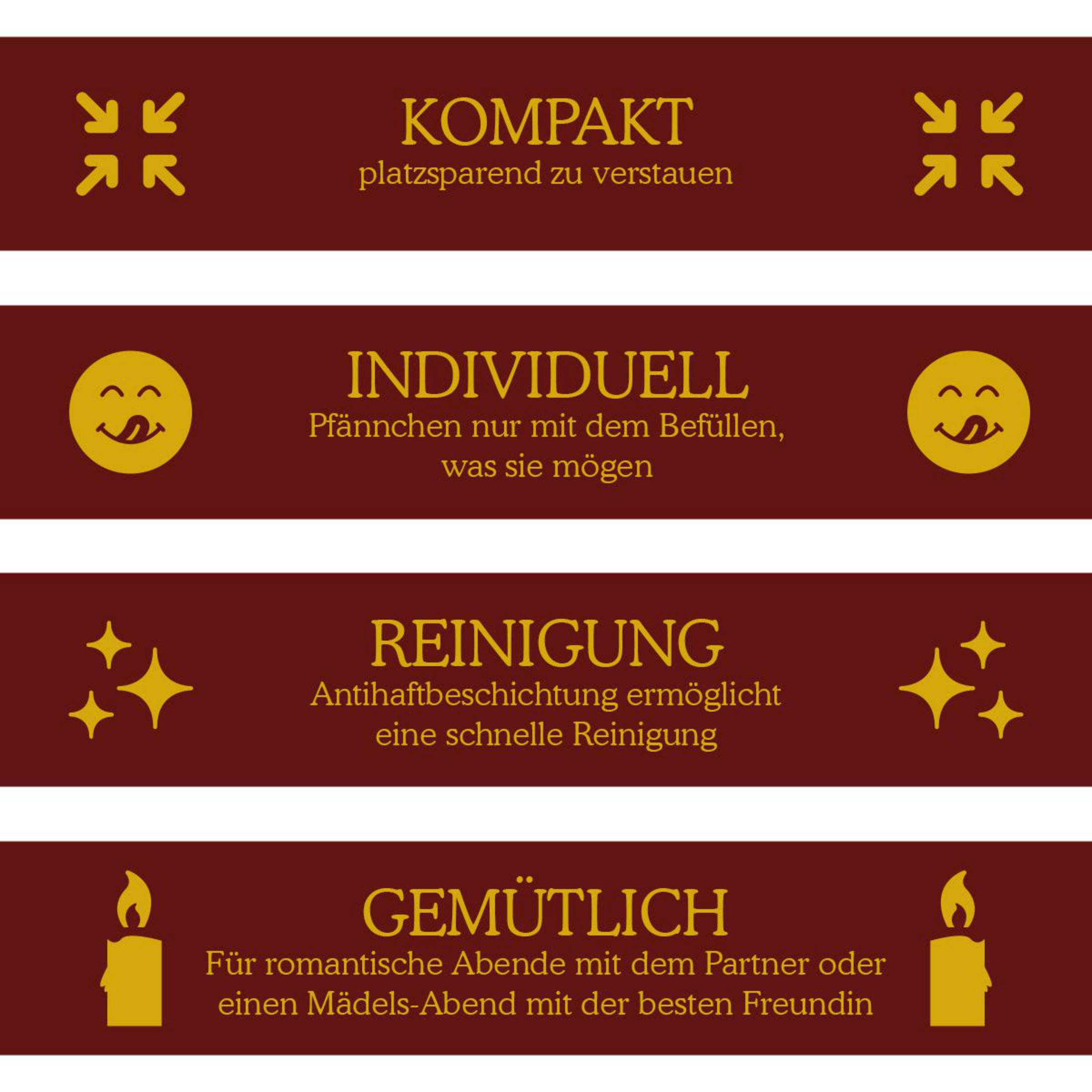 Vier Zeilen mit Symbolen und Text: Kompakt, Individuell, Reinigung, Gemütlich.