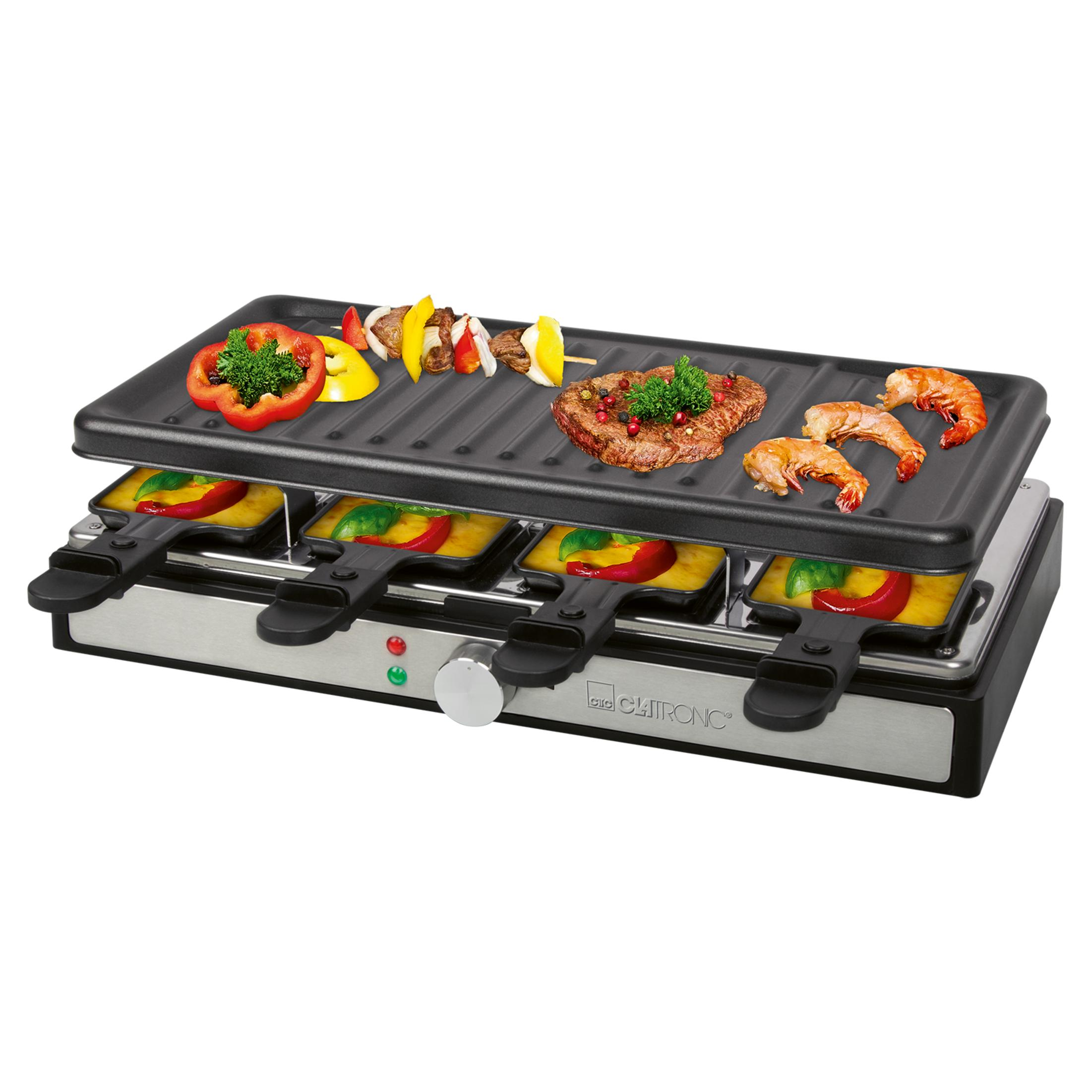 Una griglia raclette con spiedini di carne, bistecca, gamberi e pentolini per formaggio.
