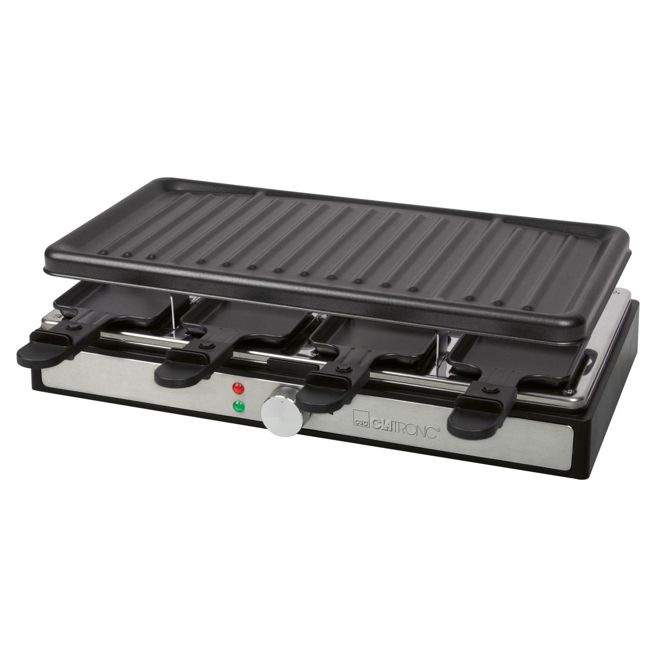 Grill raclette compatto con piastra e quattro padelle.