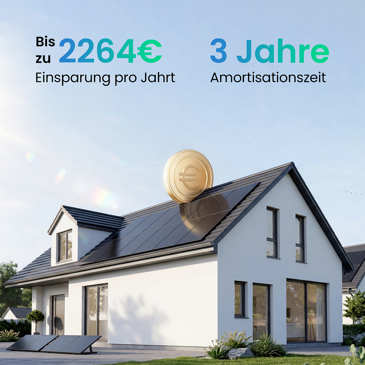 Haus mit Solaranlage: bis zu 2264€ Einsparung pro Jahr, 3 Jahre Amortisation.