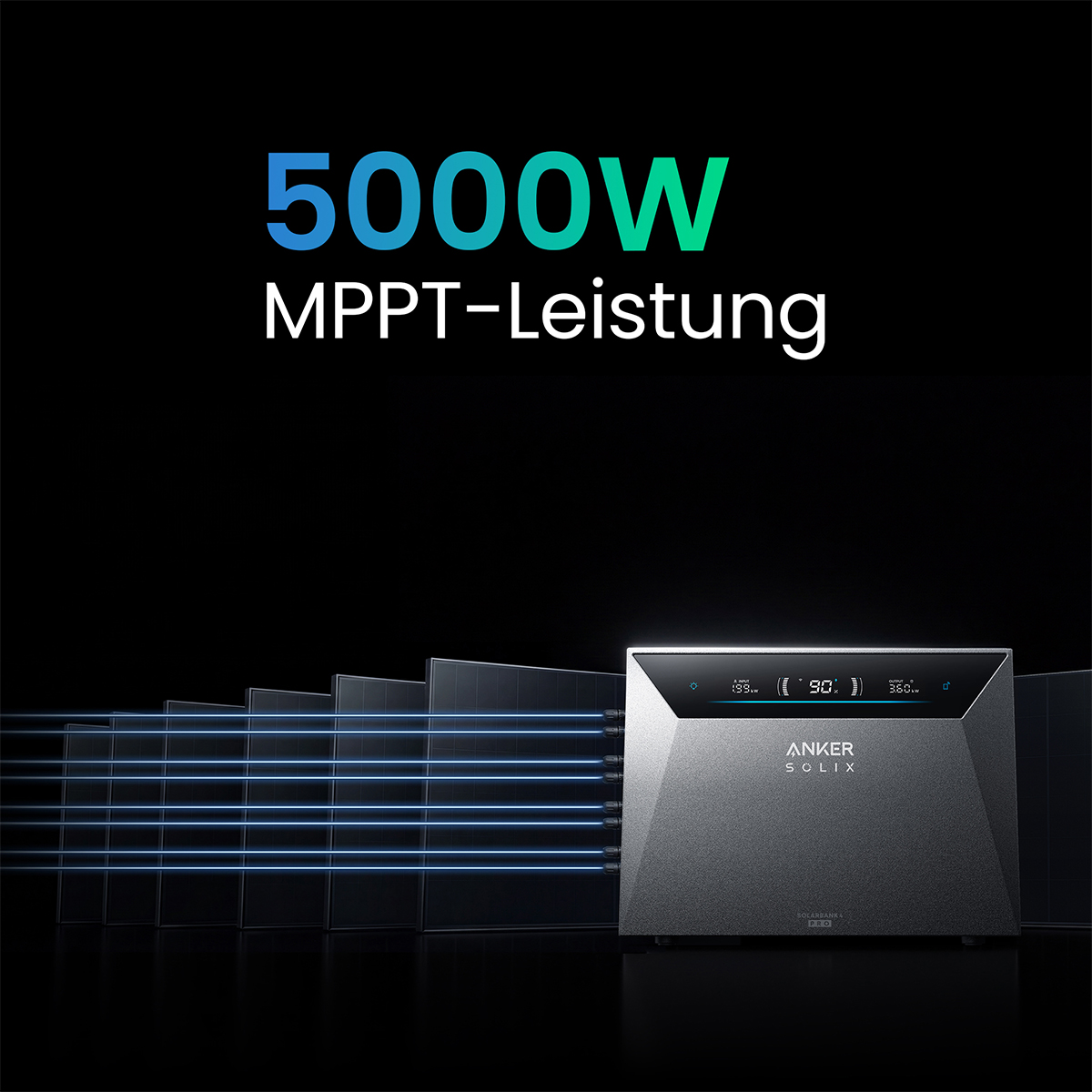 Grauer Anker Solix Power Station mit 5000W MPPT-Leistung, vor Solarpanels.